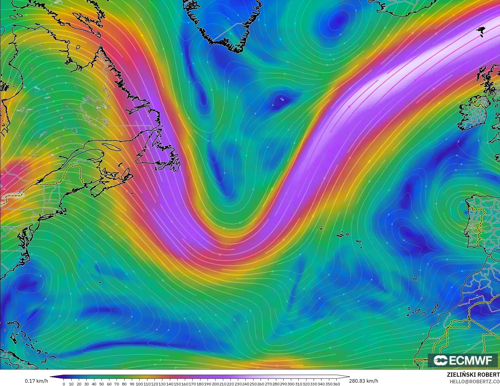ECMWF IFS 0.25° model - North Atlantic, Wind at 300hPa (jet stream)