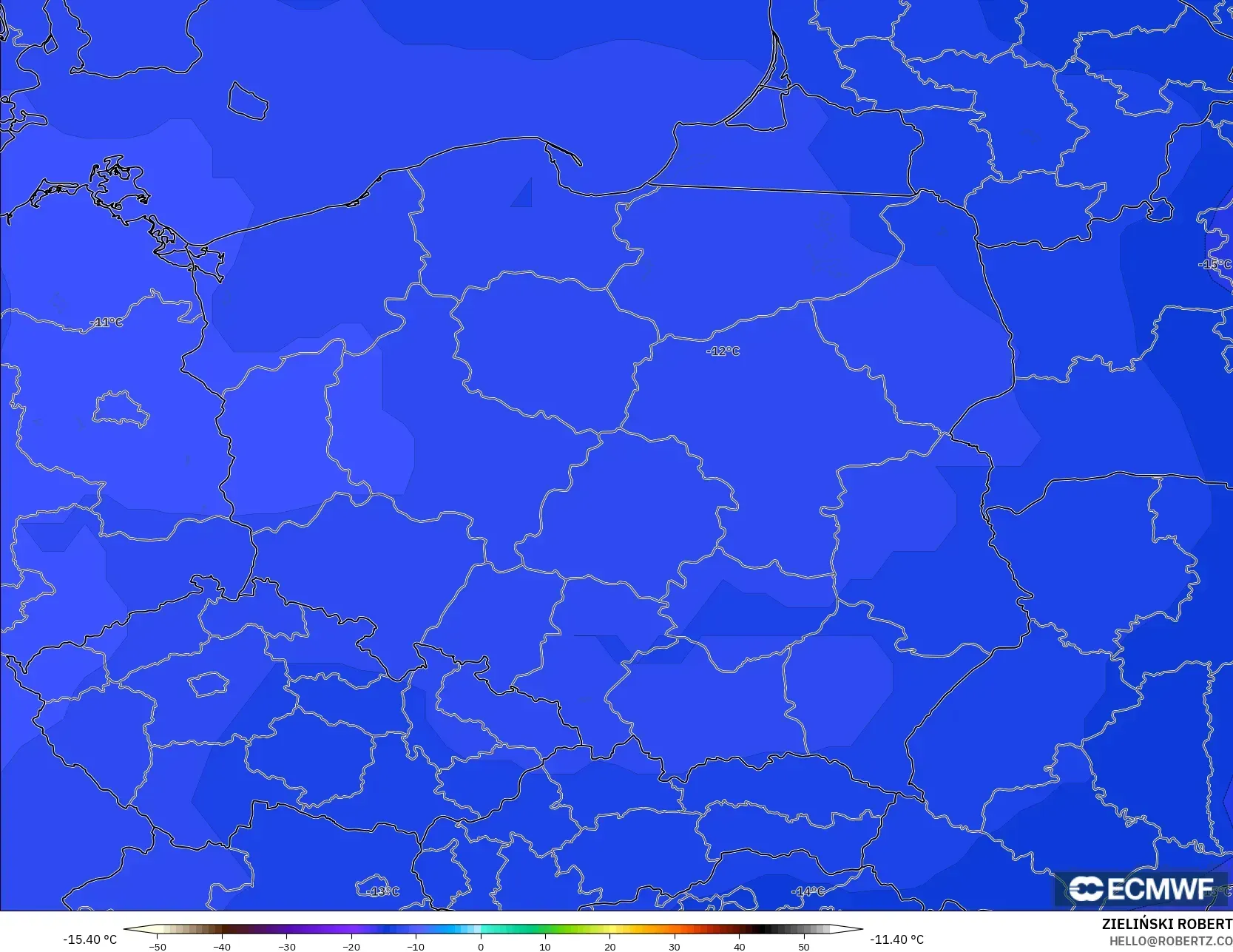 ECMWF IFS 0.25° model - Poland, Temperature at 500hPa