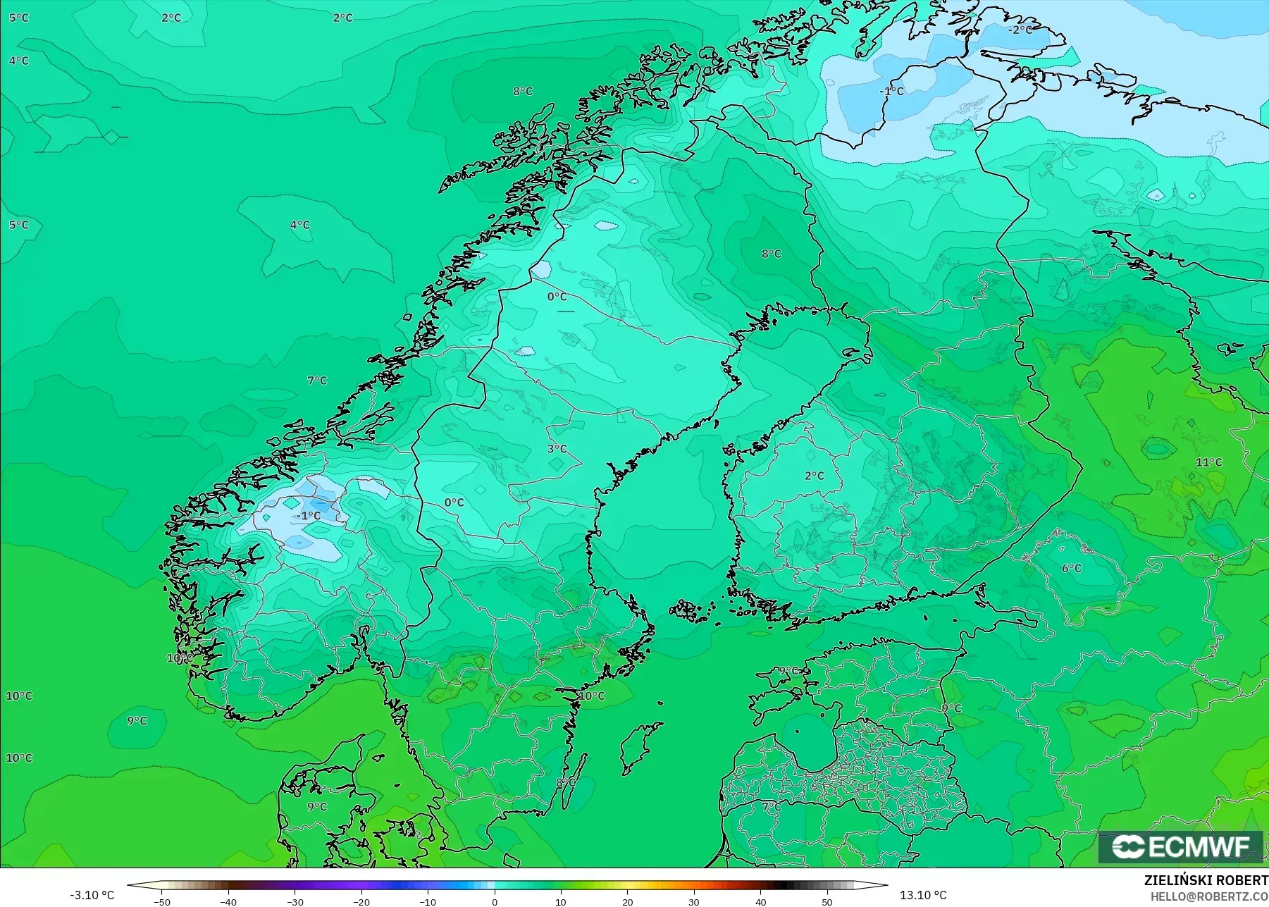 ECMWF IFS 0.25° model - Scandinavia, Dewpoint at 2m