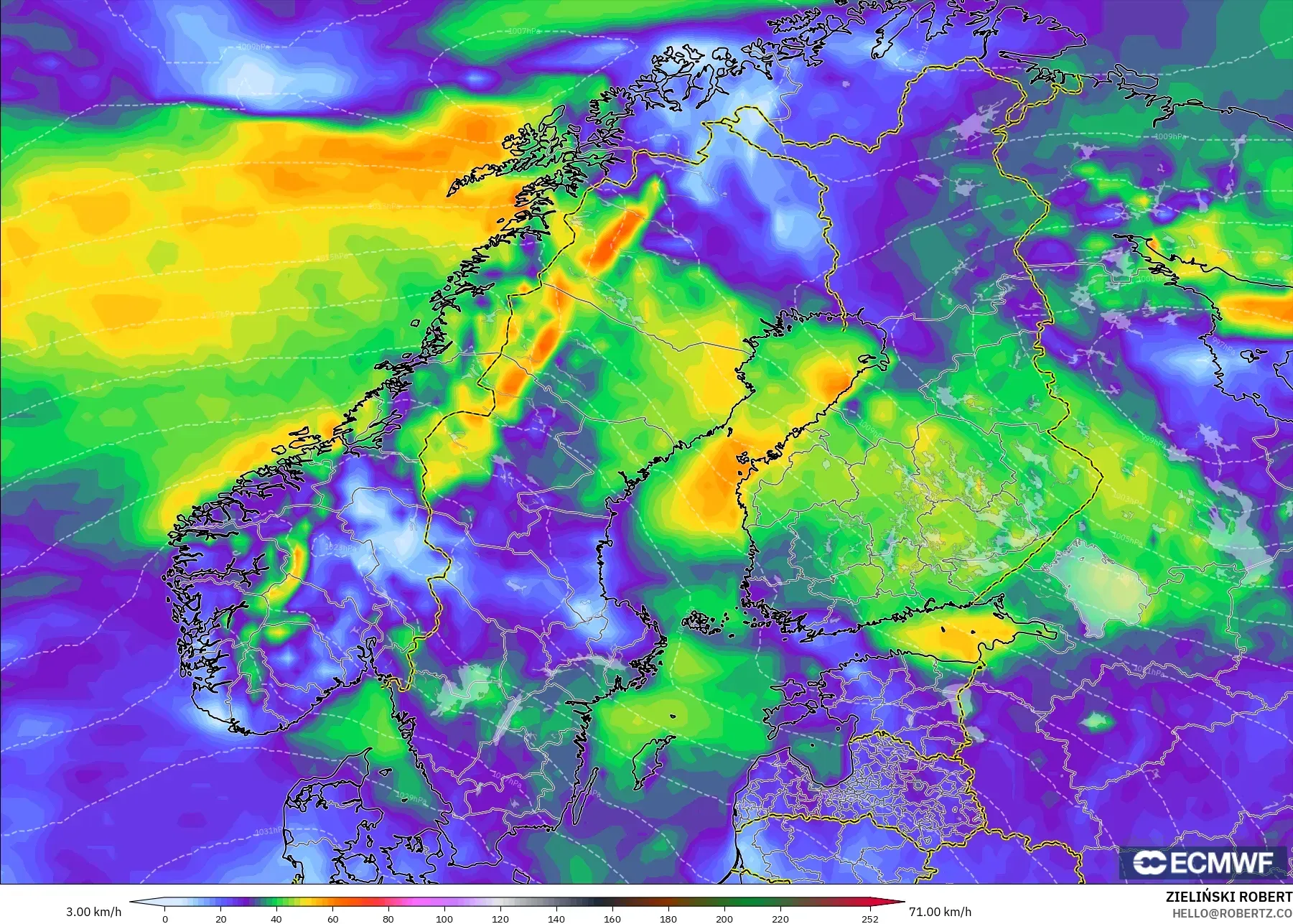 ECMWF IFS 0.25° model - Scandinavia, Wind Gusts