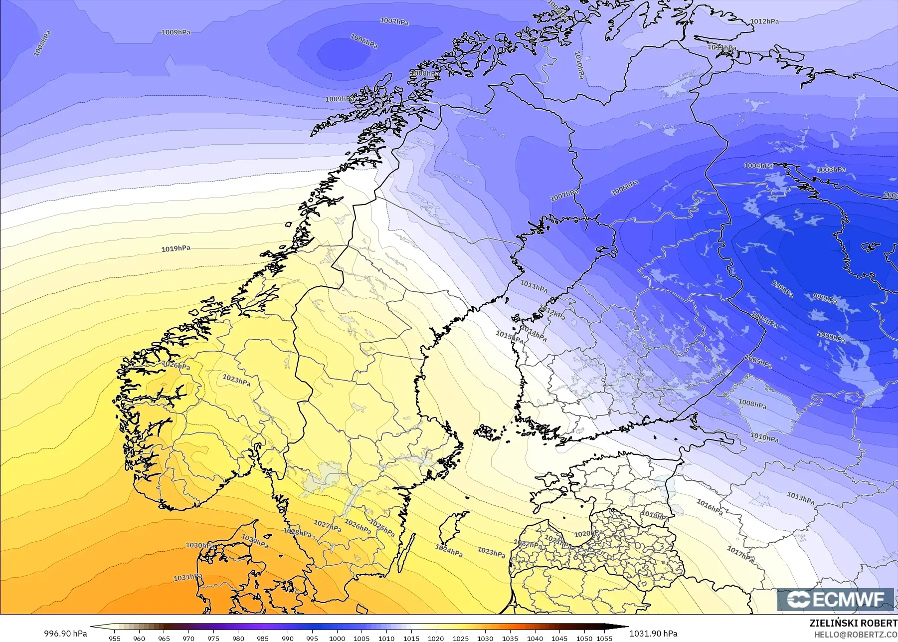ECMWF IFS 0.25° model - Scandinavia, Pressure