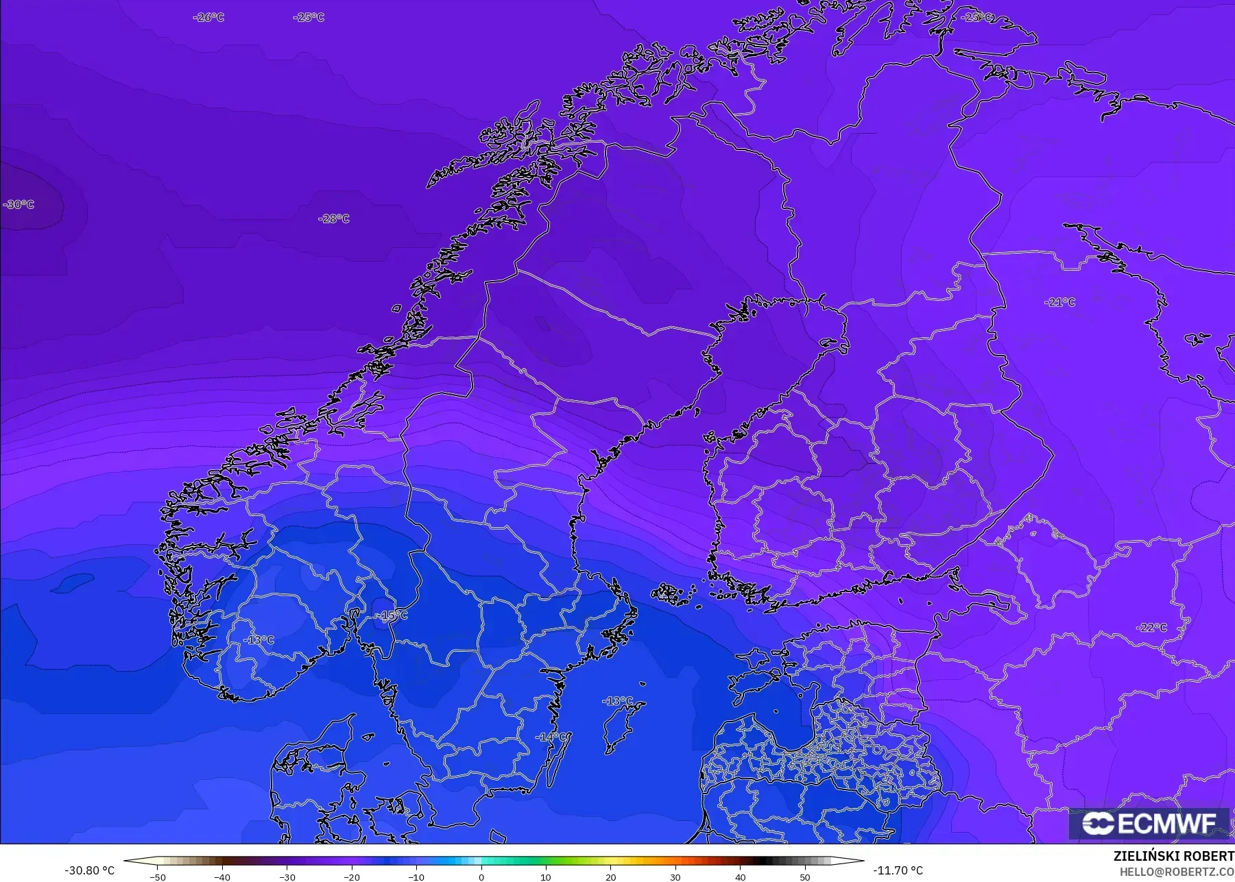 ECMWF IFS 0.25° model - Scandinavia, Temperature at 500hPa