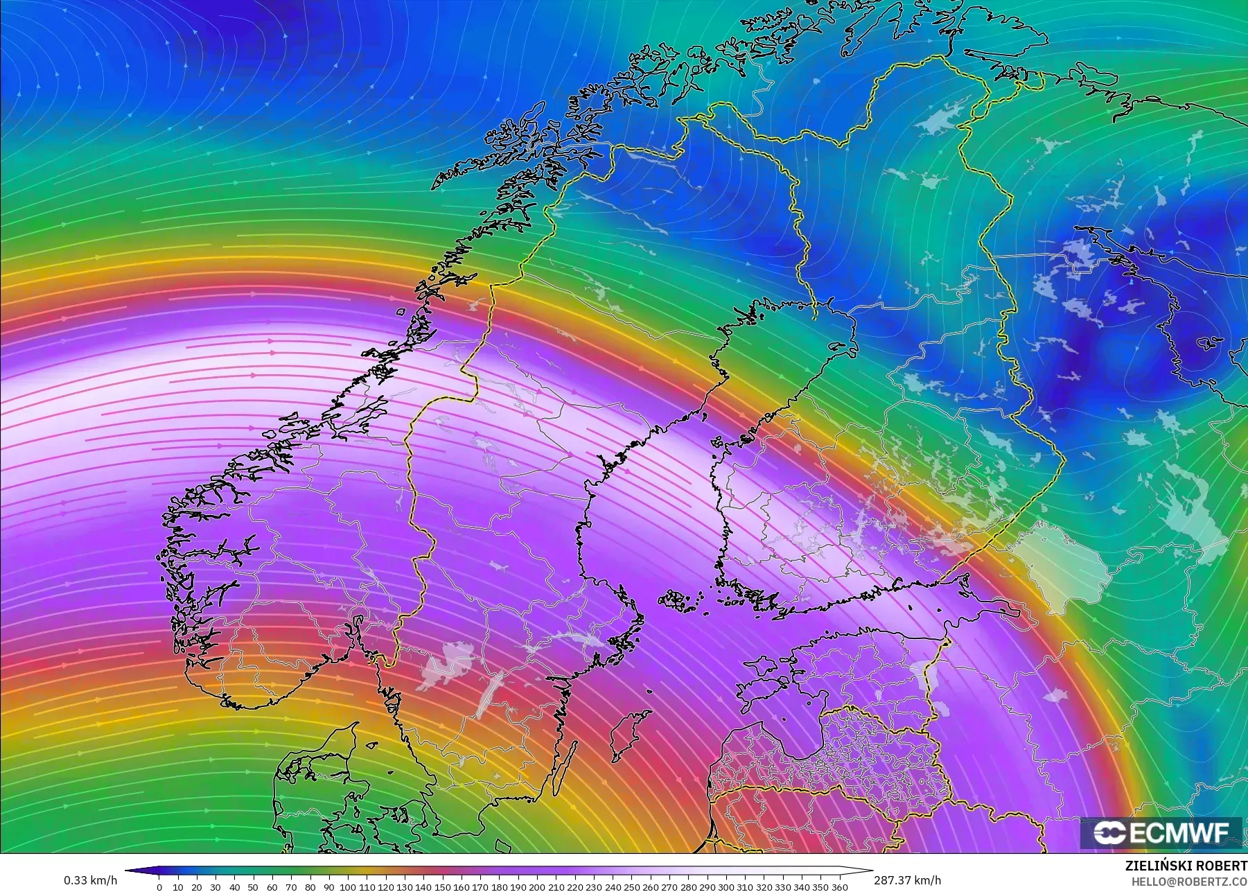 ECMWF IFS 0.25° model - Scandinavia, Wind at 300hPa (jet stream)