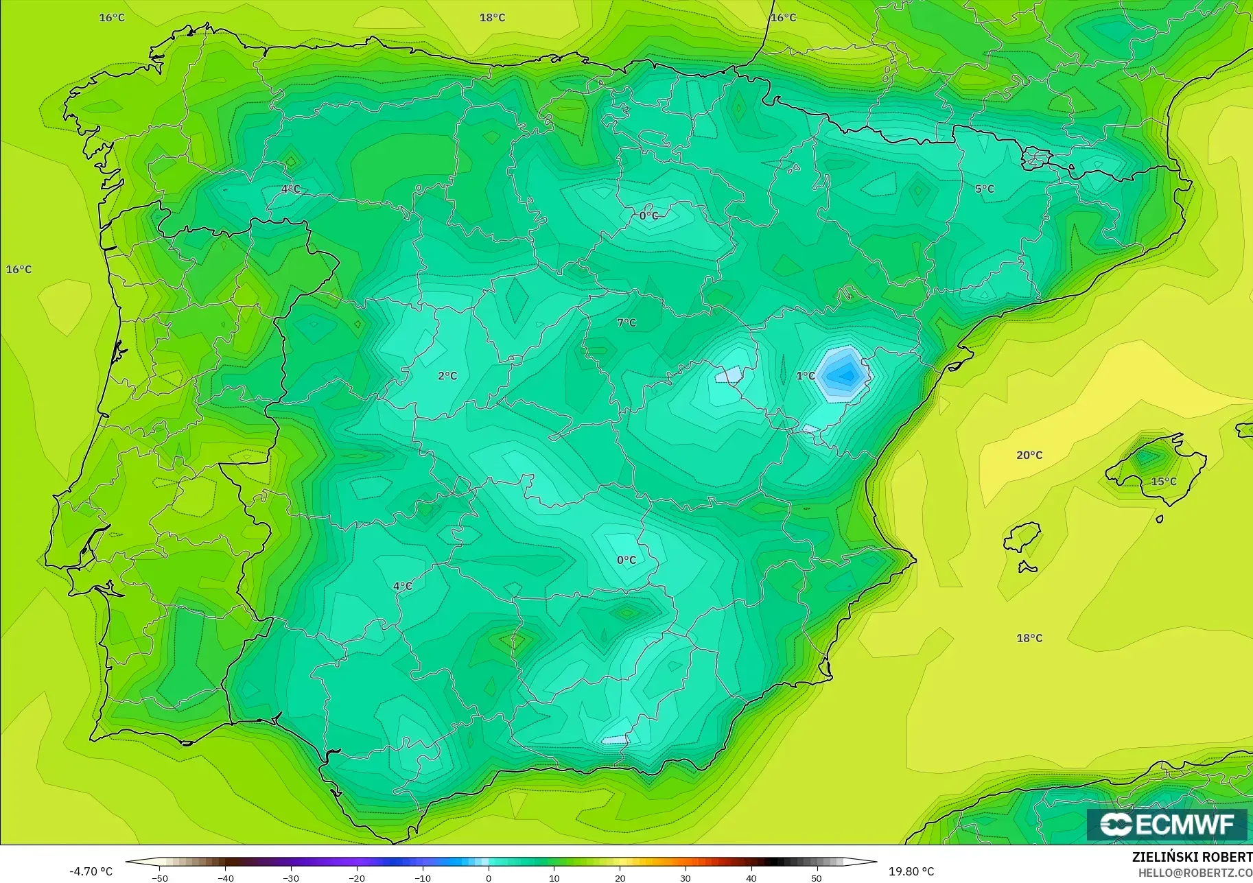 ECMWF IFS 0.25° model - Spain, Dewpoint at 2m