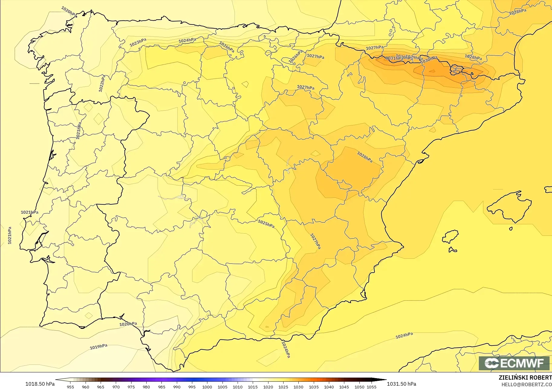 ECMWF IFS 0.25° model - Spain, Pressure