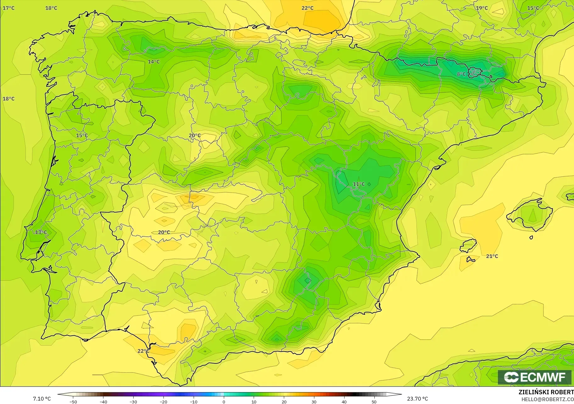 ECMWF IFS 0.25° model - Spain, Temperature at 2m
