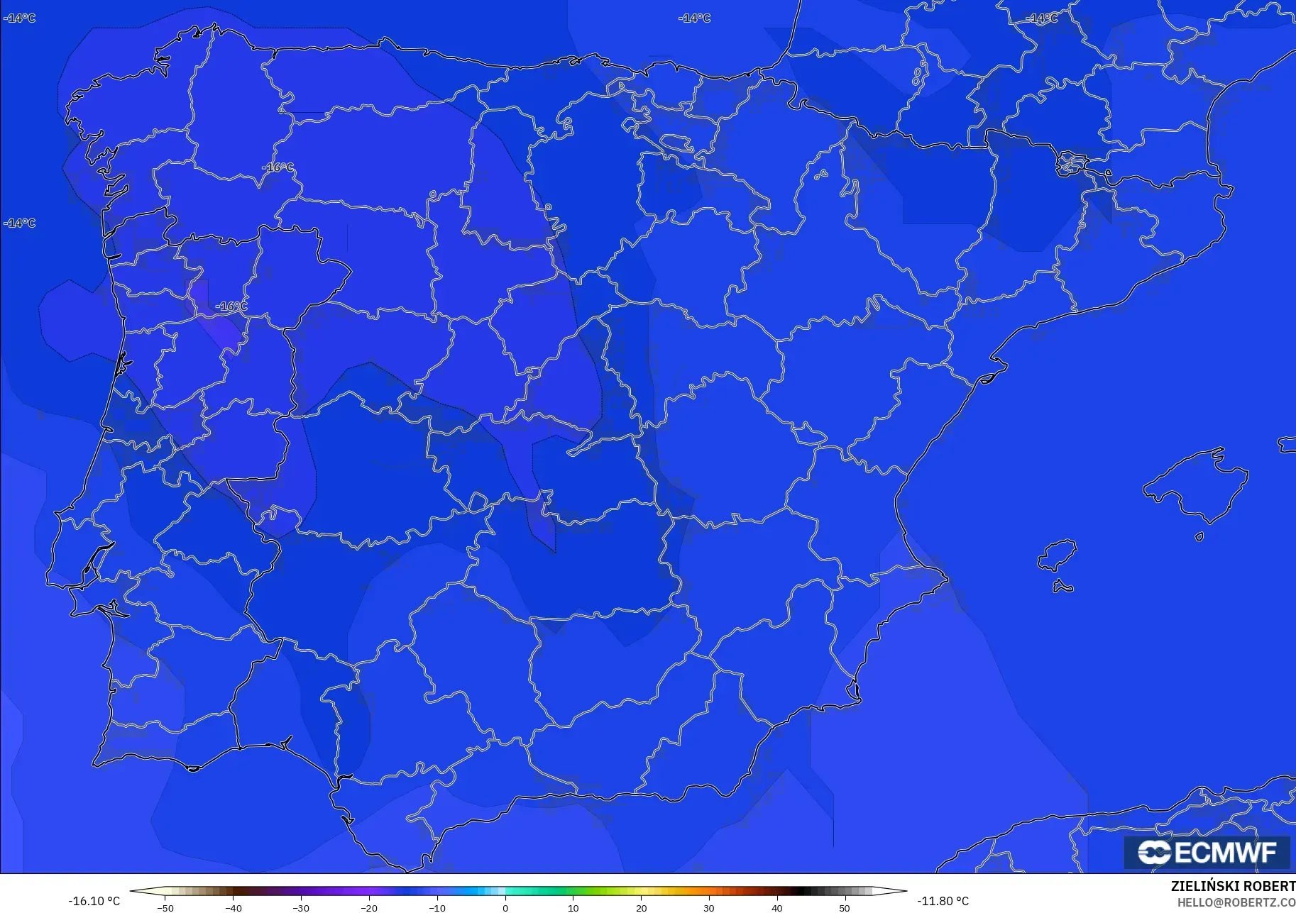 ECMWF IFS 0.25° model - Spain, Temperature at 500hPa