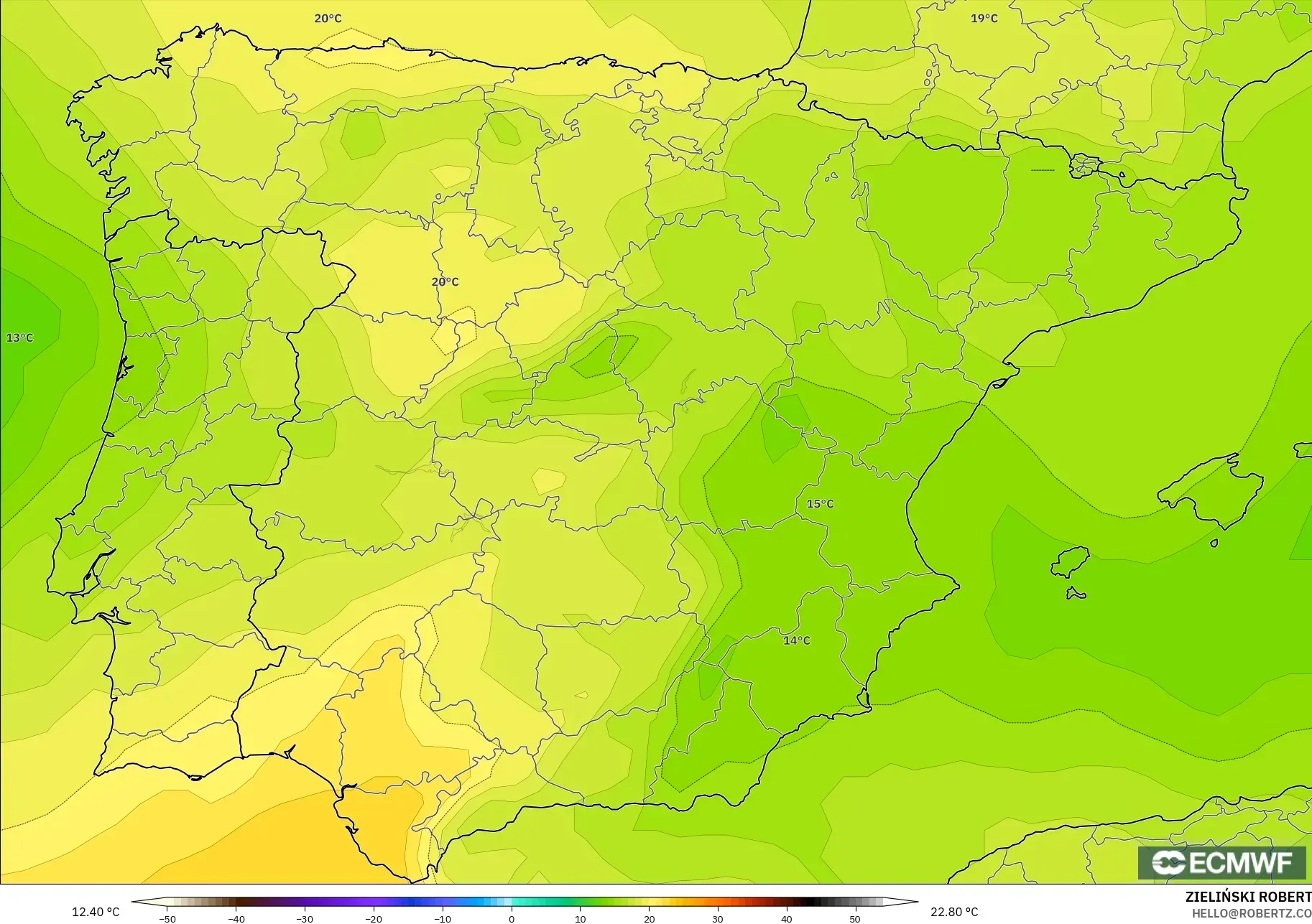 ECMWF IFS 0.25° model - Spain, Temperature at 850hPa