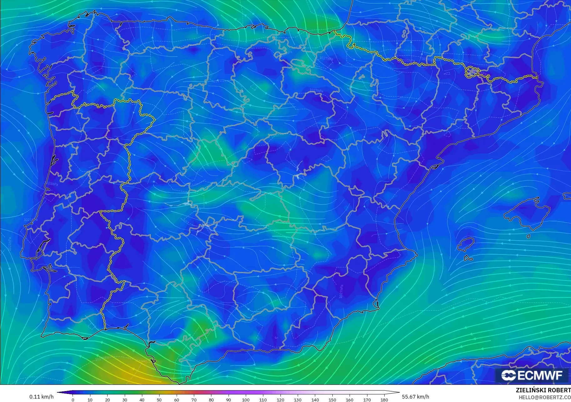 ECMWF IFS 0.25° model - Spain, Wind at 10m