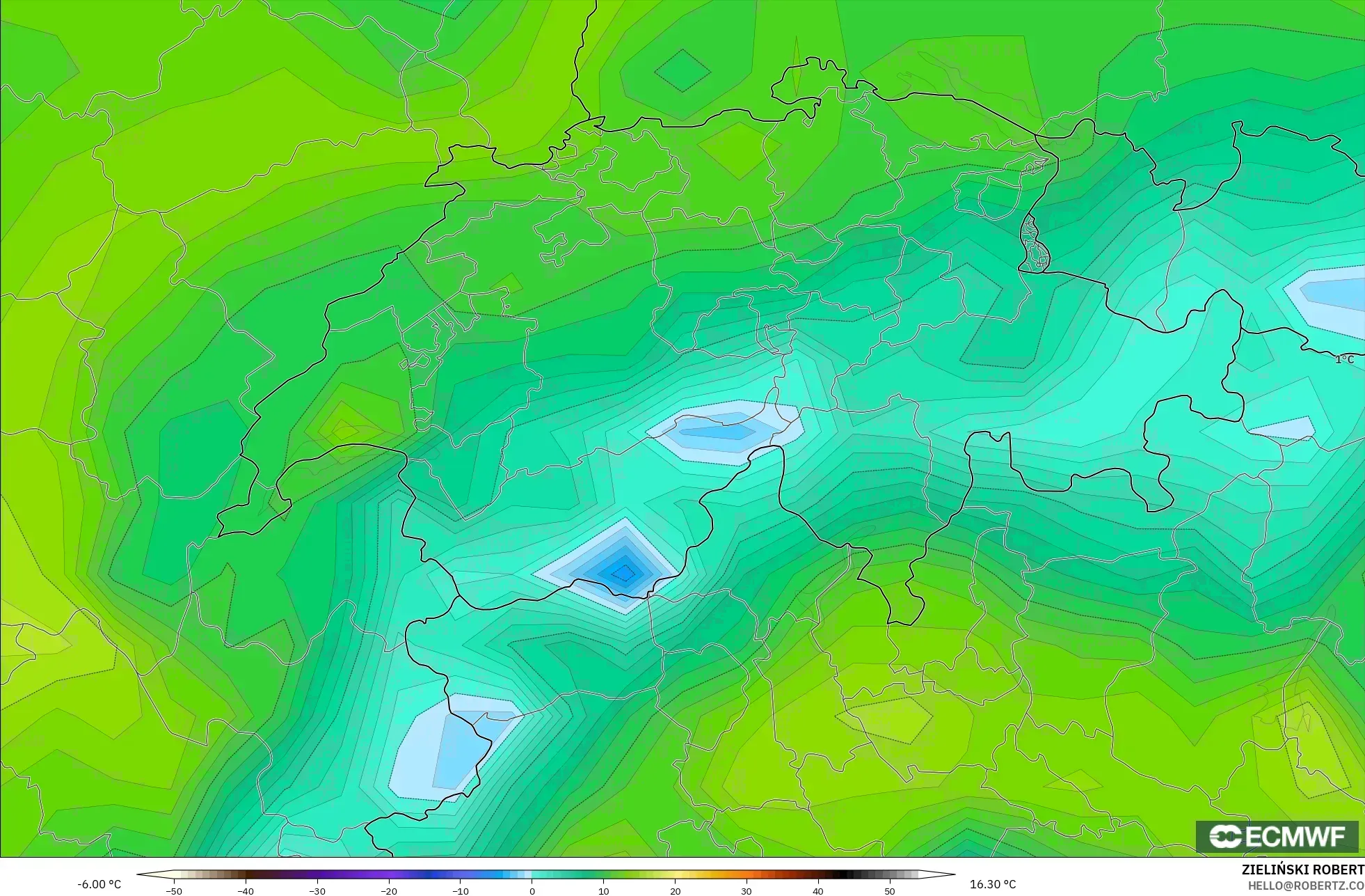ECMWF IFS 0.25° model - Switzerland, Dewpoint at 2m