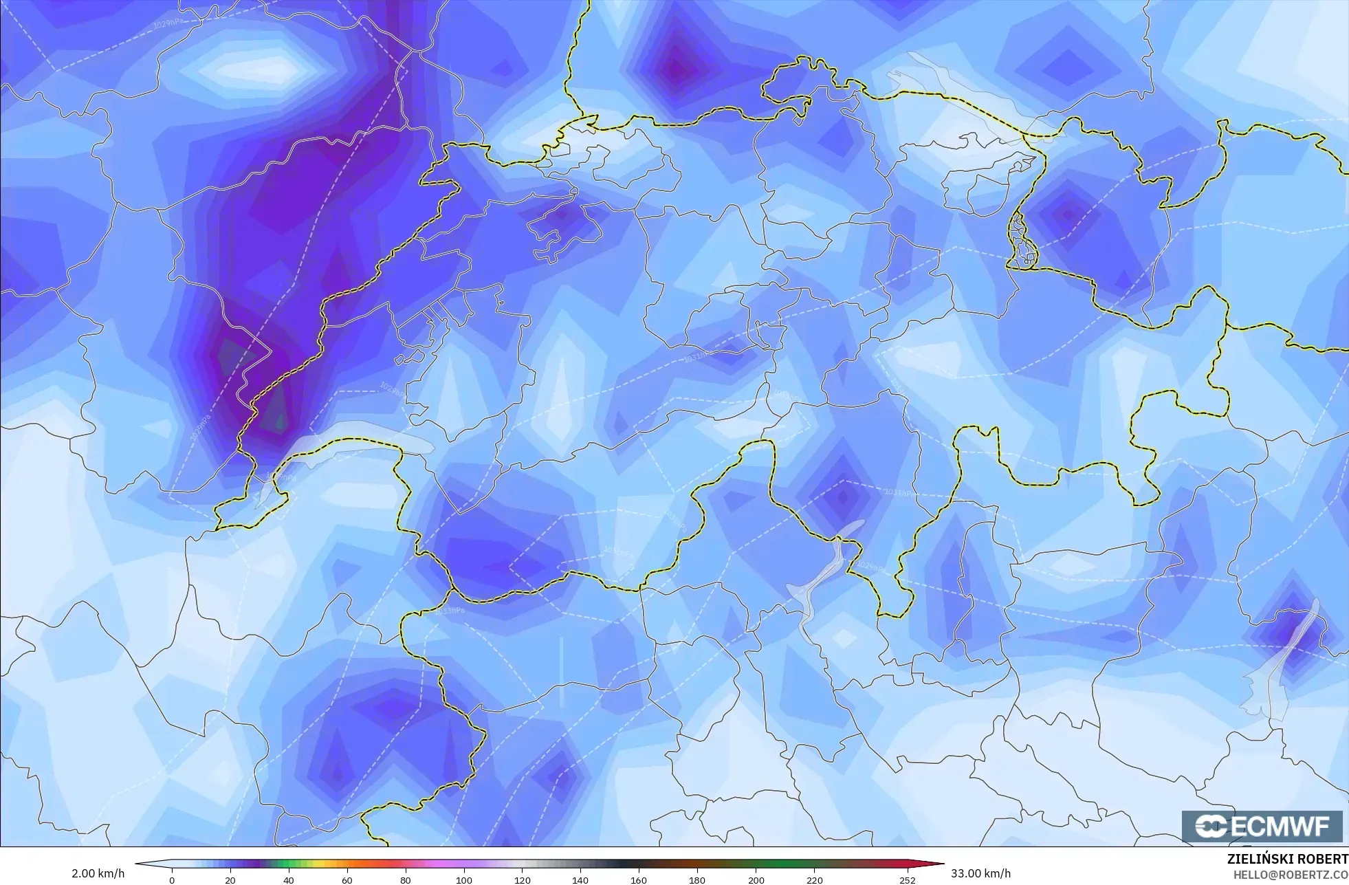 ECMWF IFS 0.25° model - Switzerland, Wind Gusts