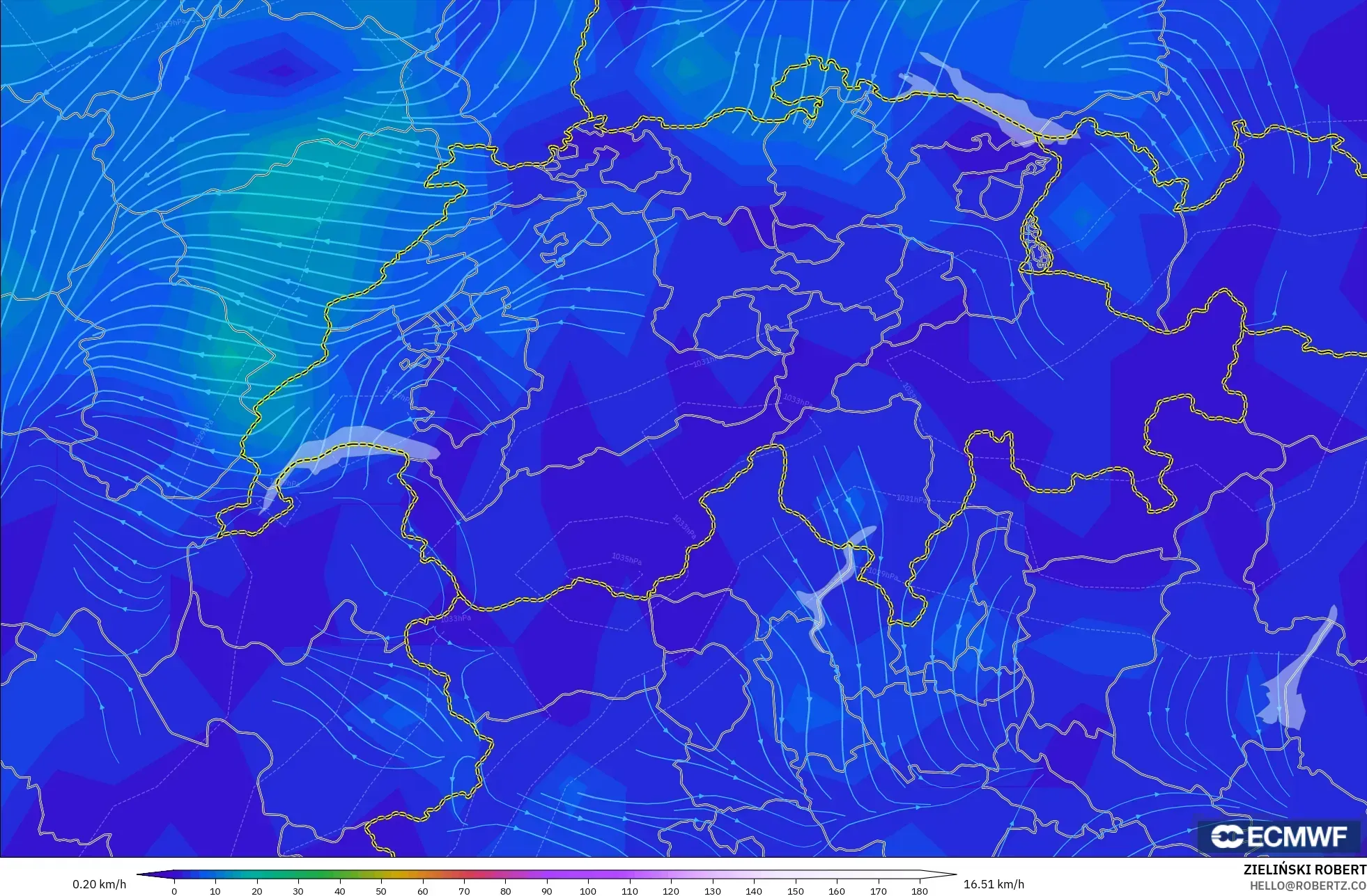 ECMWF IFS 0.25° model - Switzerland, Wind at 10m