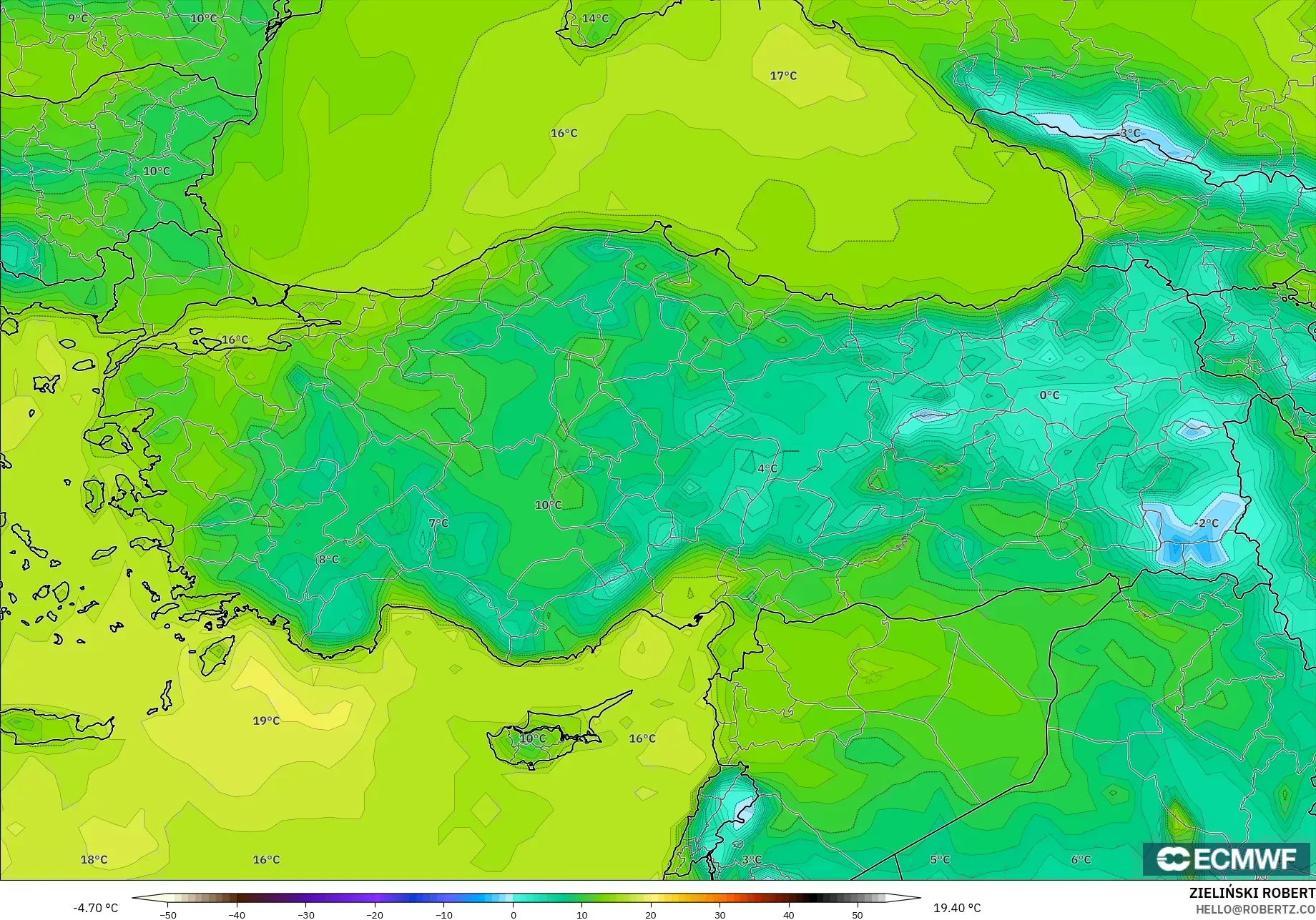 ECMWF IFS 0.25° model - Turkey, Dewpoint at 2m