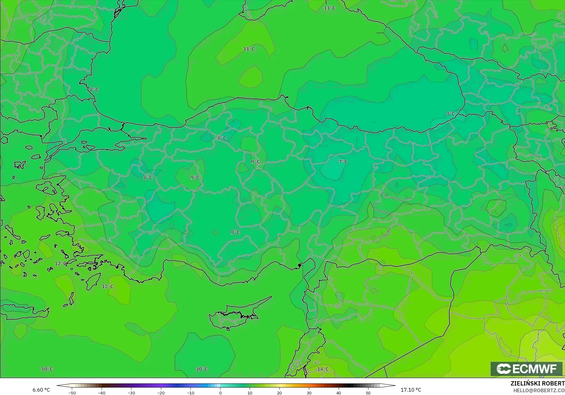 ECMWF IFS 0.25° model - Turkey, Temperature at 850hPa