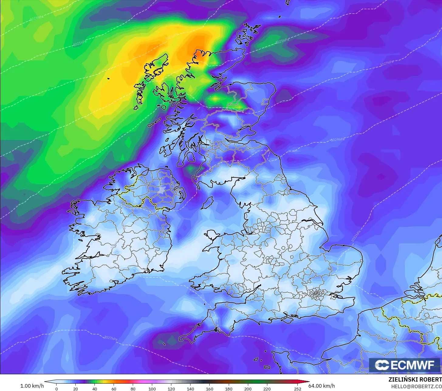 ECMWF IFS 0.25° model - United Kingdom, Wind Gusts Peak