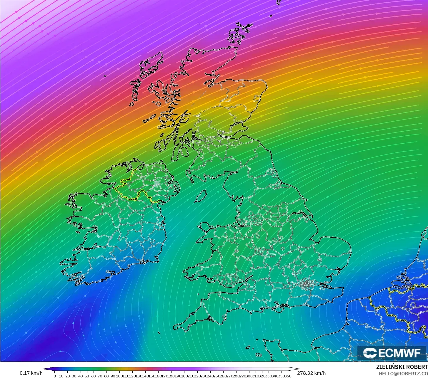 ECMWF IFS 0.25° model - United Kingdom, Wind at 300hPa (jet stream)