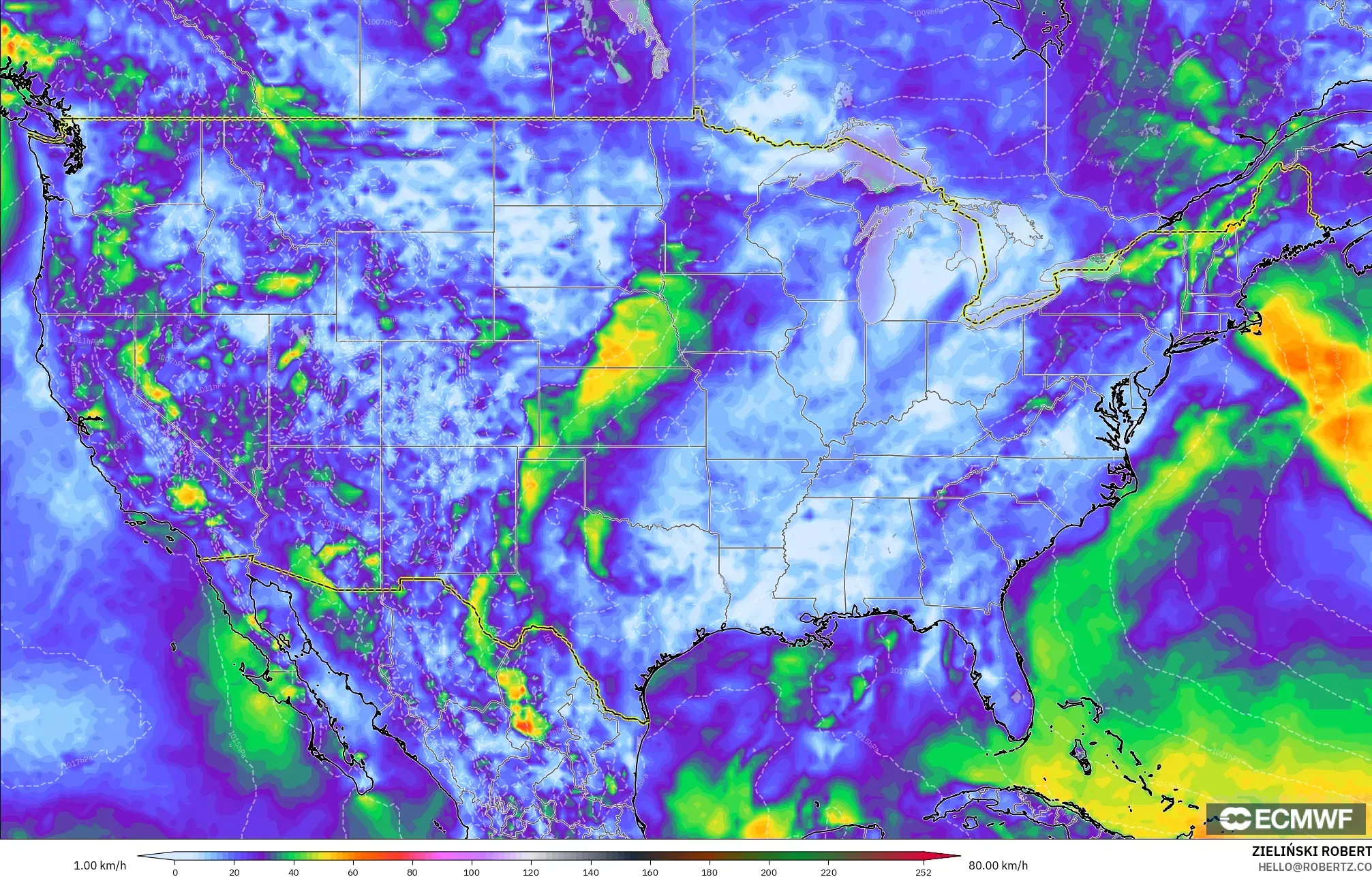 ECMWF IFS 0.25° model - United States, Wind Gusts