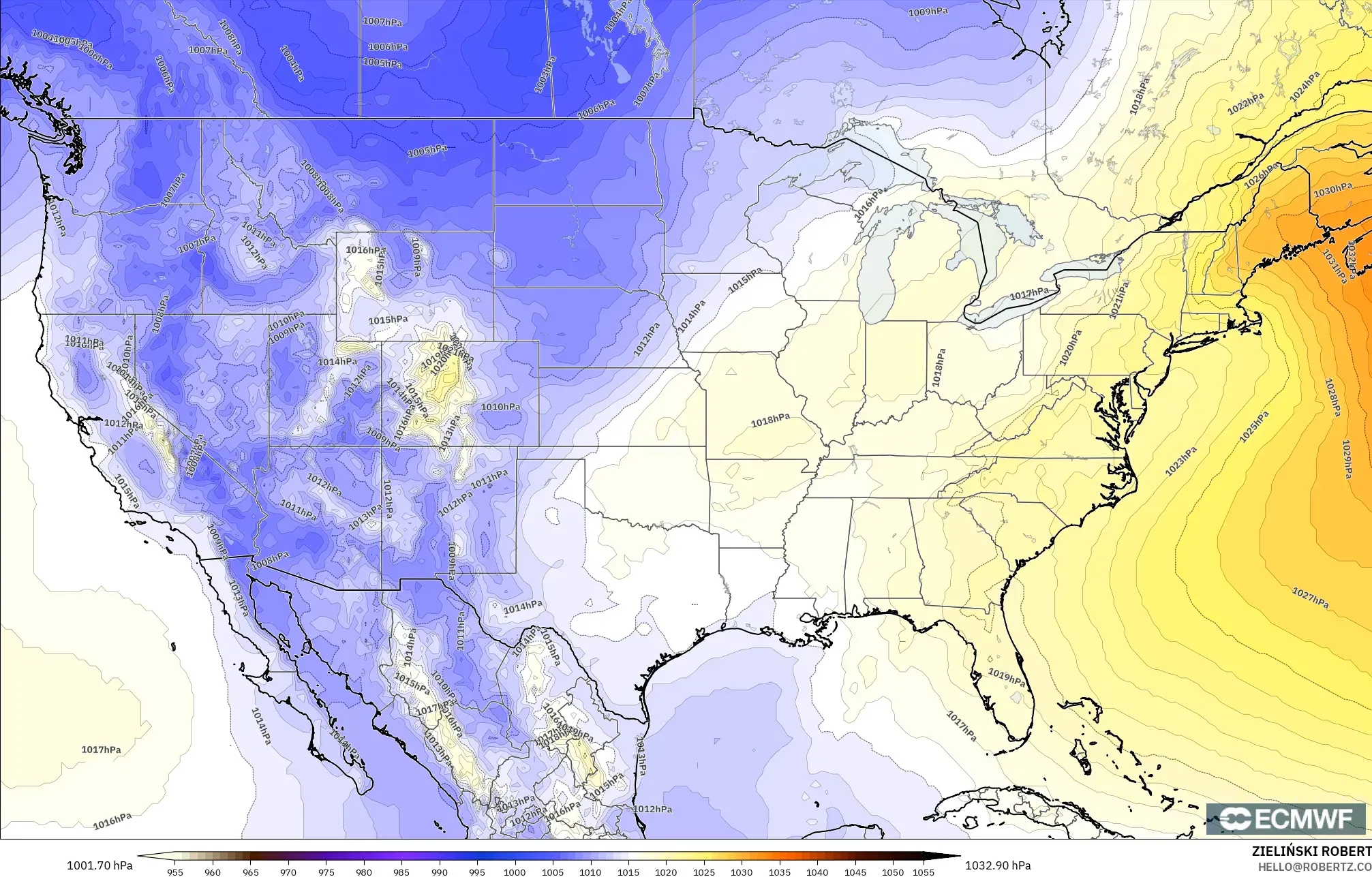 ECMWF IFS 0.25° model - United States, Pressure