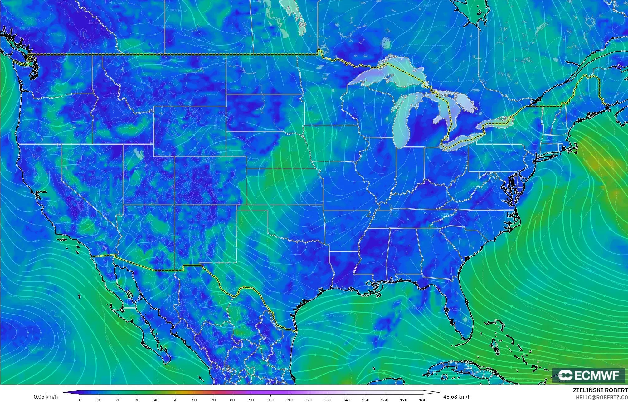 ECMWF IFS 0.25° model - United States, Wind at 10m