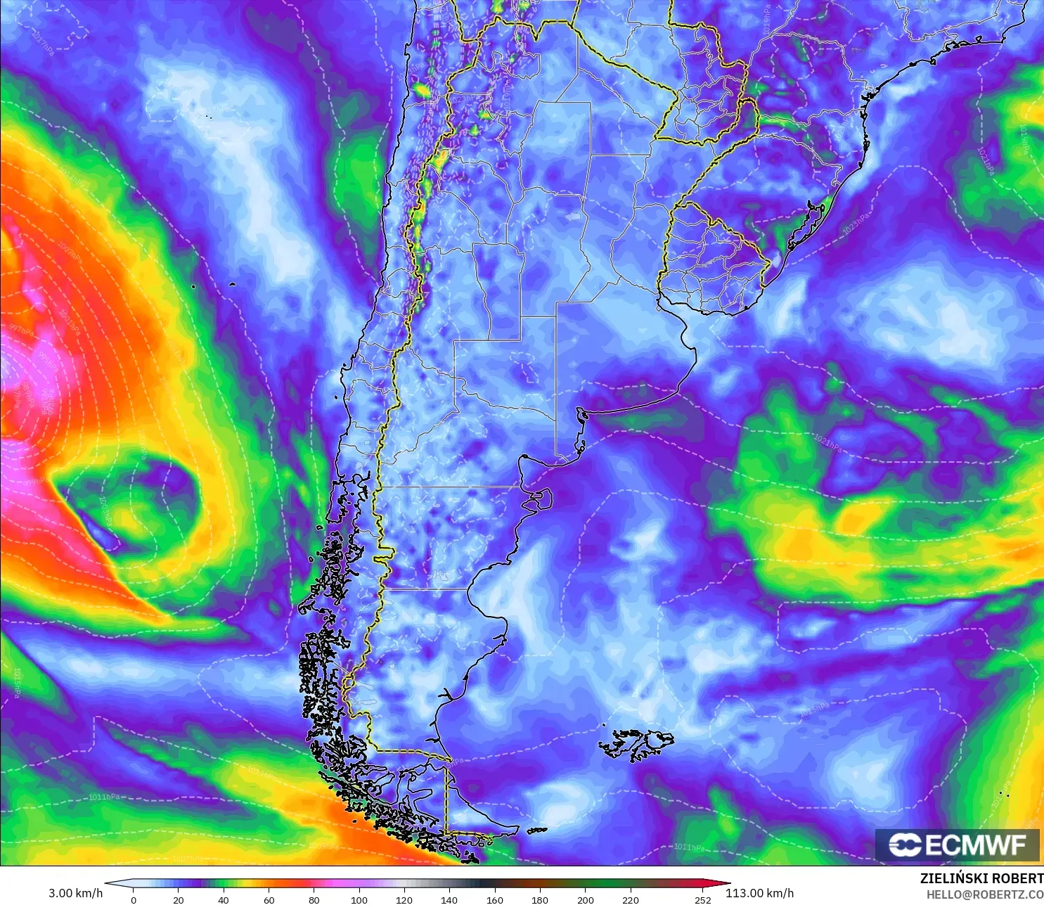 ECMWF IFS 0.25° model - Argentina, Wind Gusts Peak
