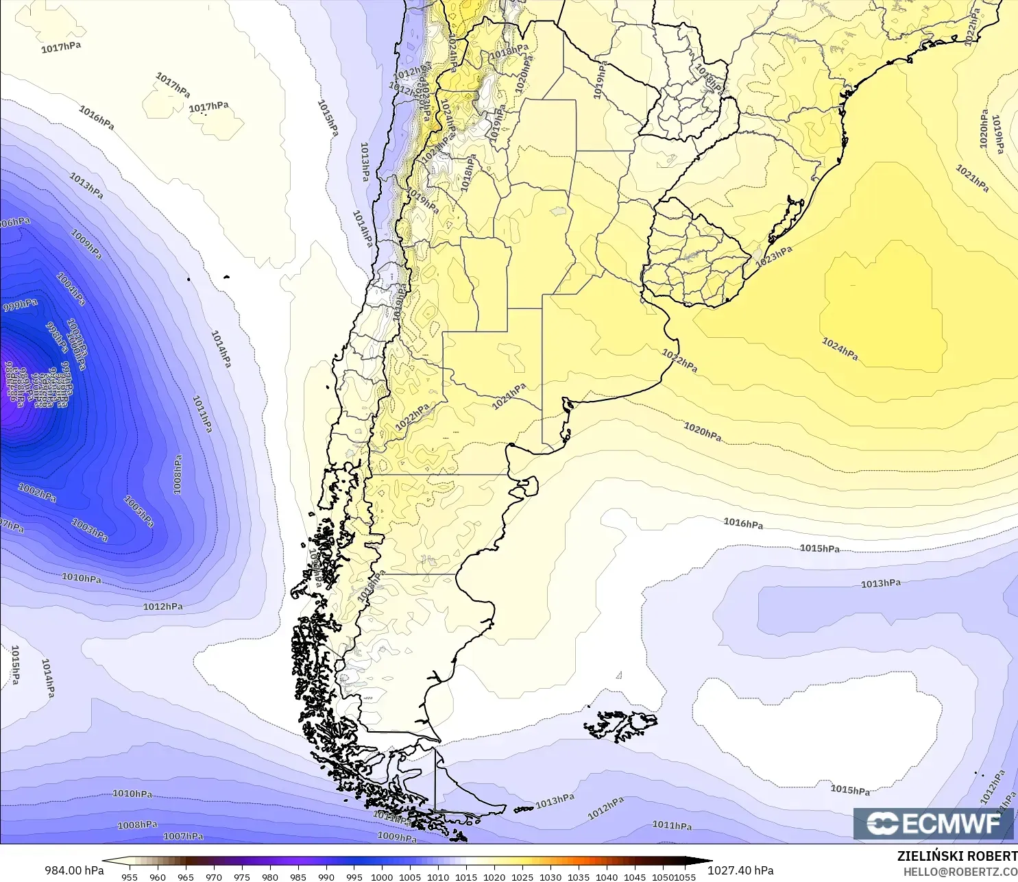 ECMWF IFS 0.25° model - Argentina, Pressure
