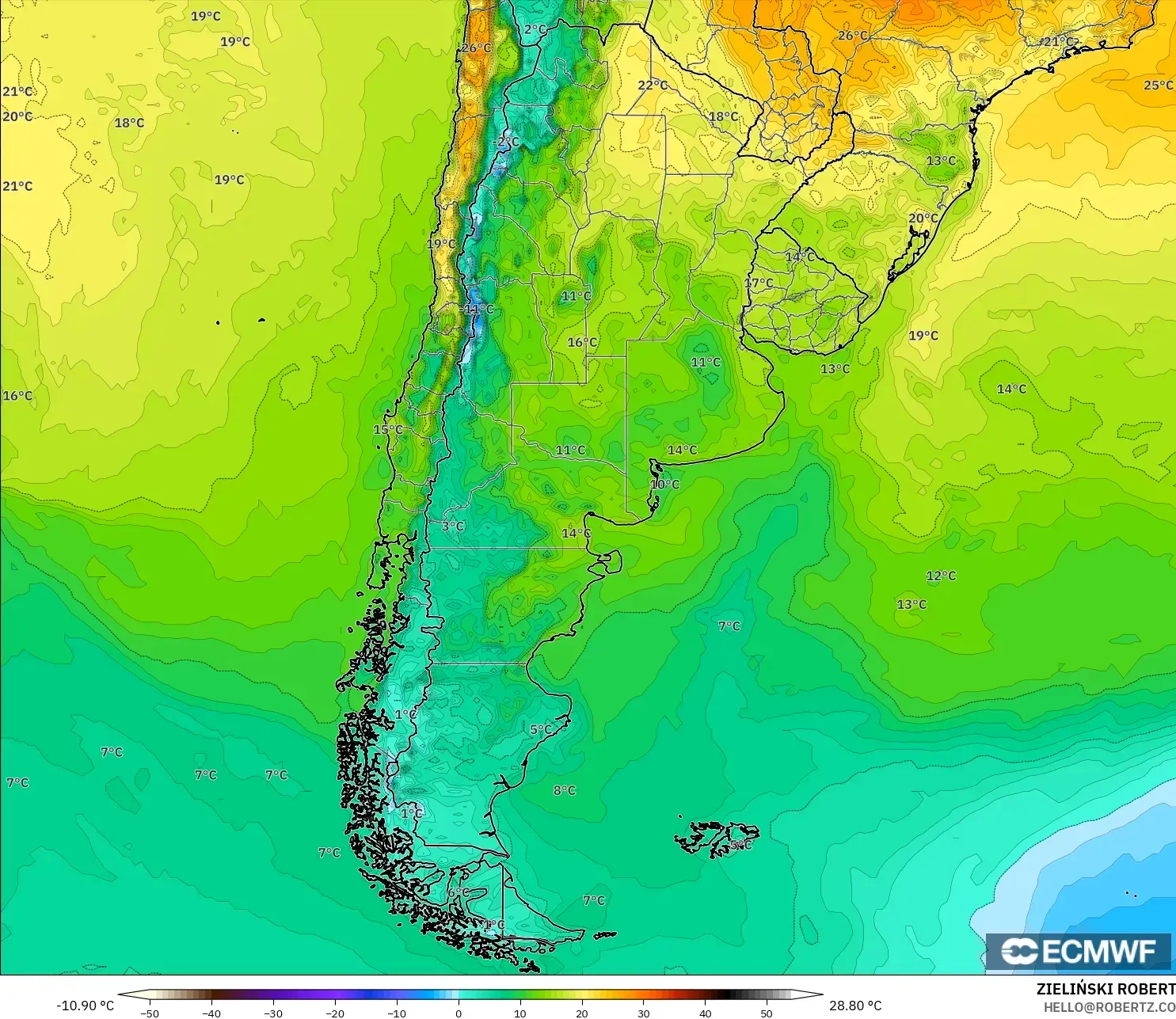 ECMWF IFS 0.25° model - Argentina, Temperature at 2m