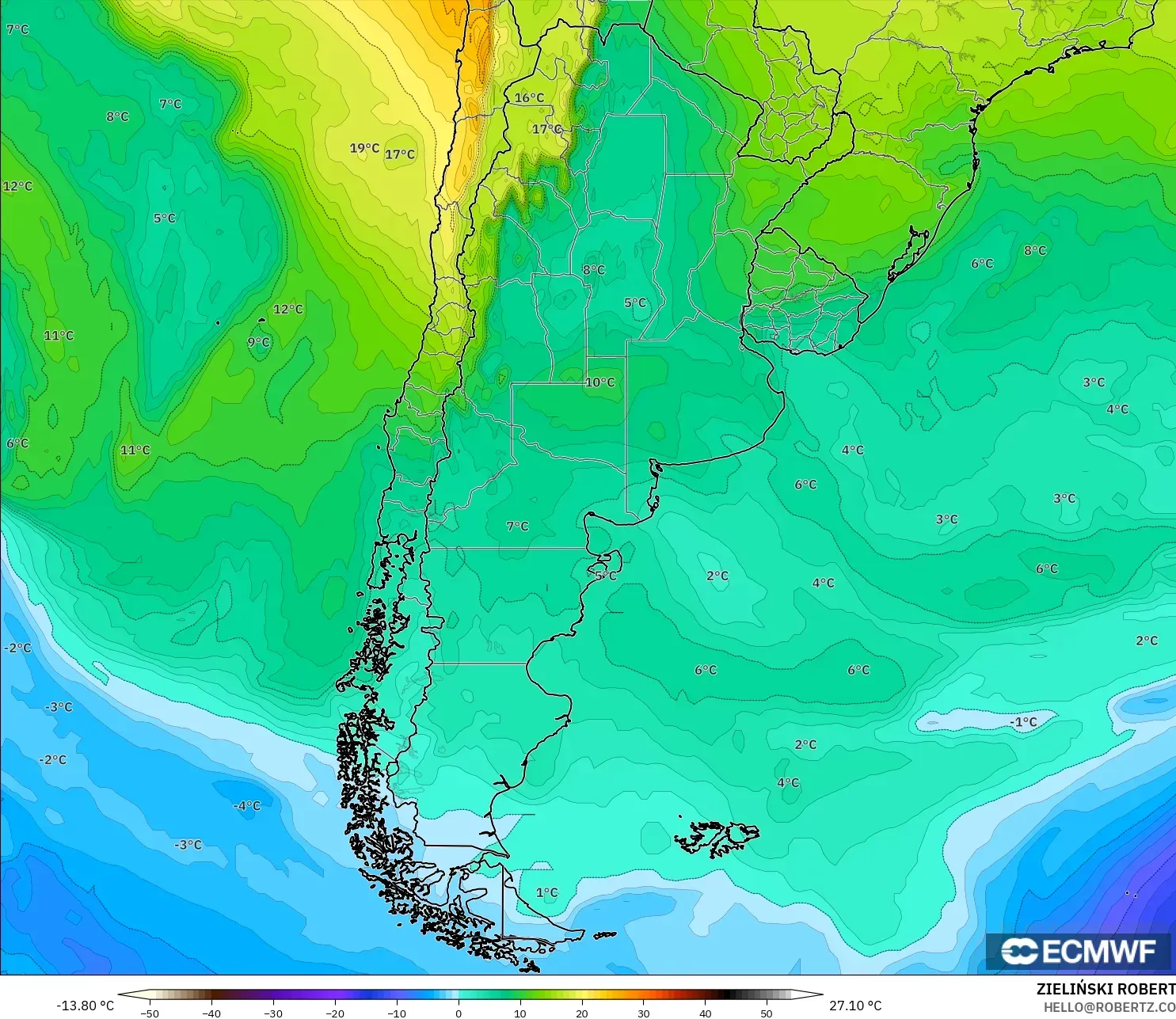 ECMWF IFS 0.25° model - Argentina, Temperature at 850hPa