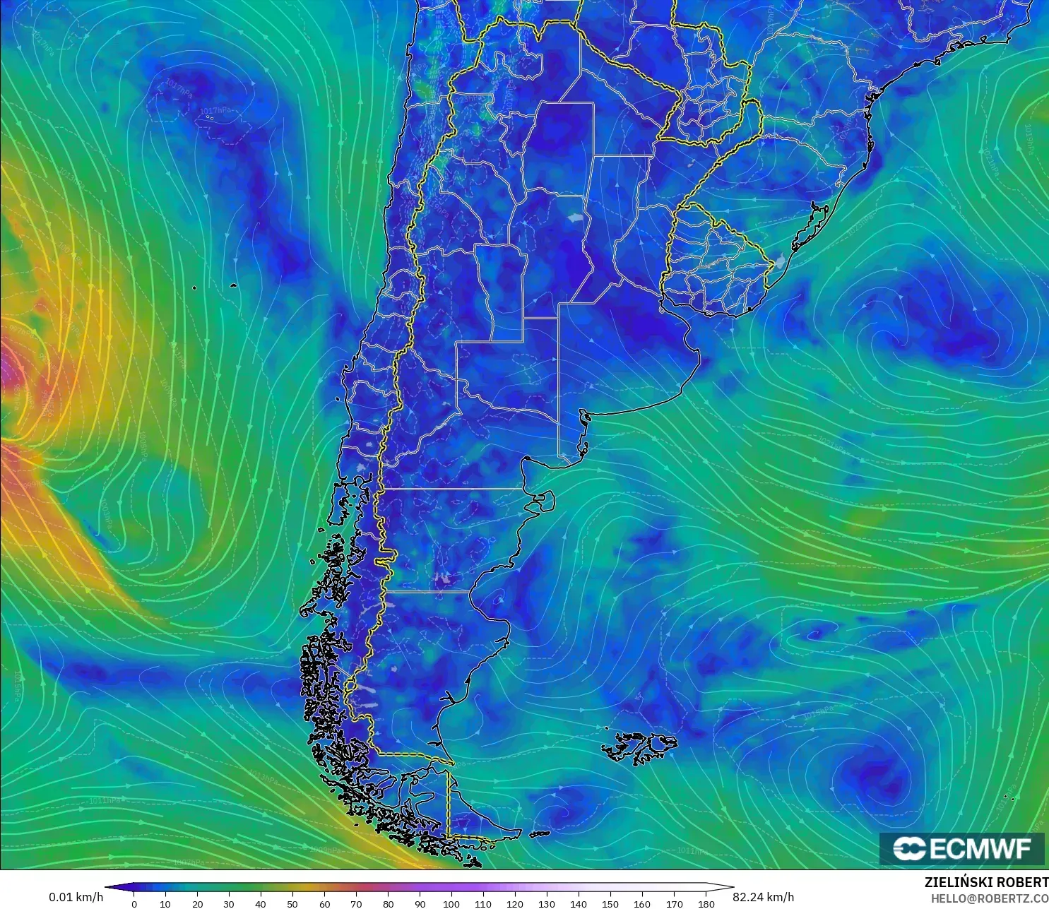 ECMWF IFS 0.25° model - Argentina, Wind at 10m