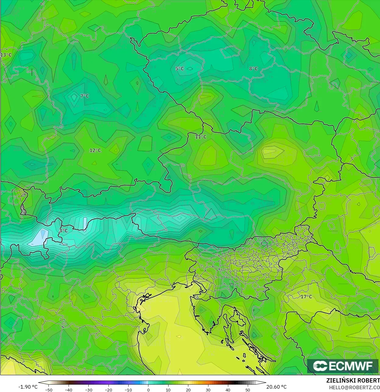 ECMWF IFS 0.25° model - Austria, Dewpoint at 2m