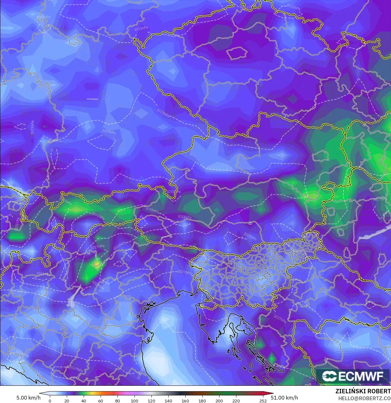 ECMWF IFS 0.25° model - Austria, Wind Gusts