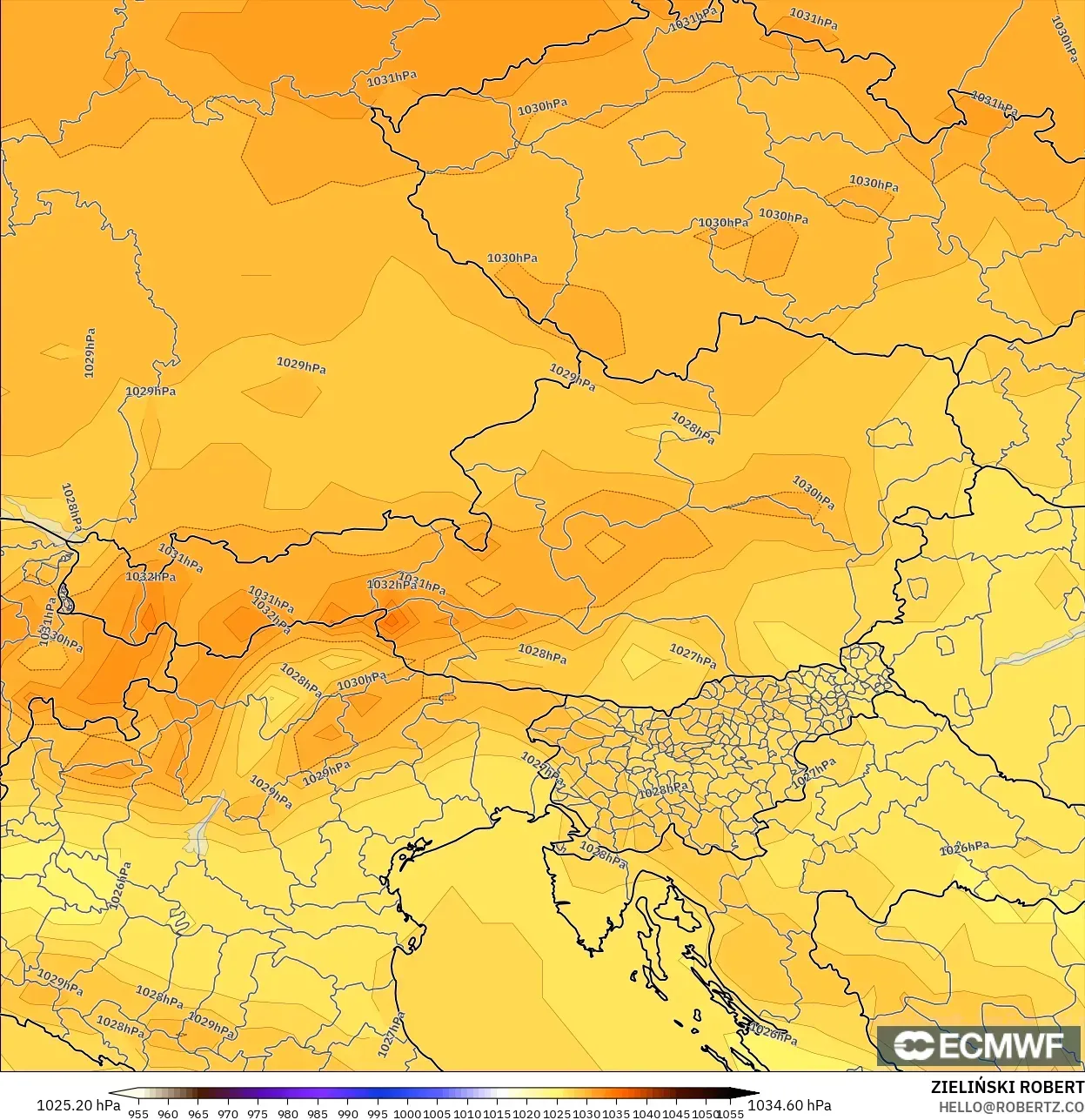 ECMWF IFS 0.25° model - Austria, Pressure