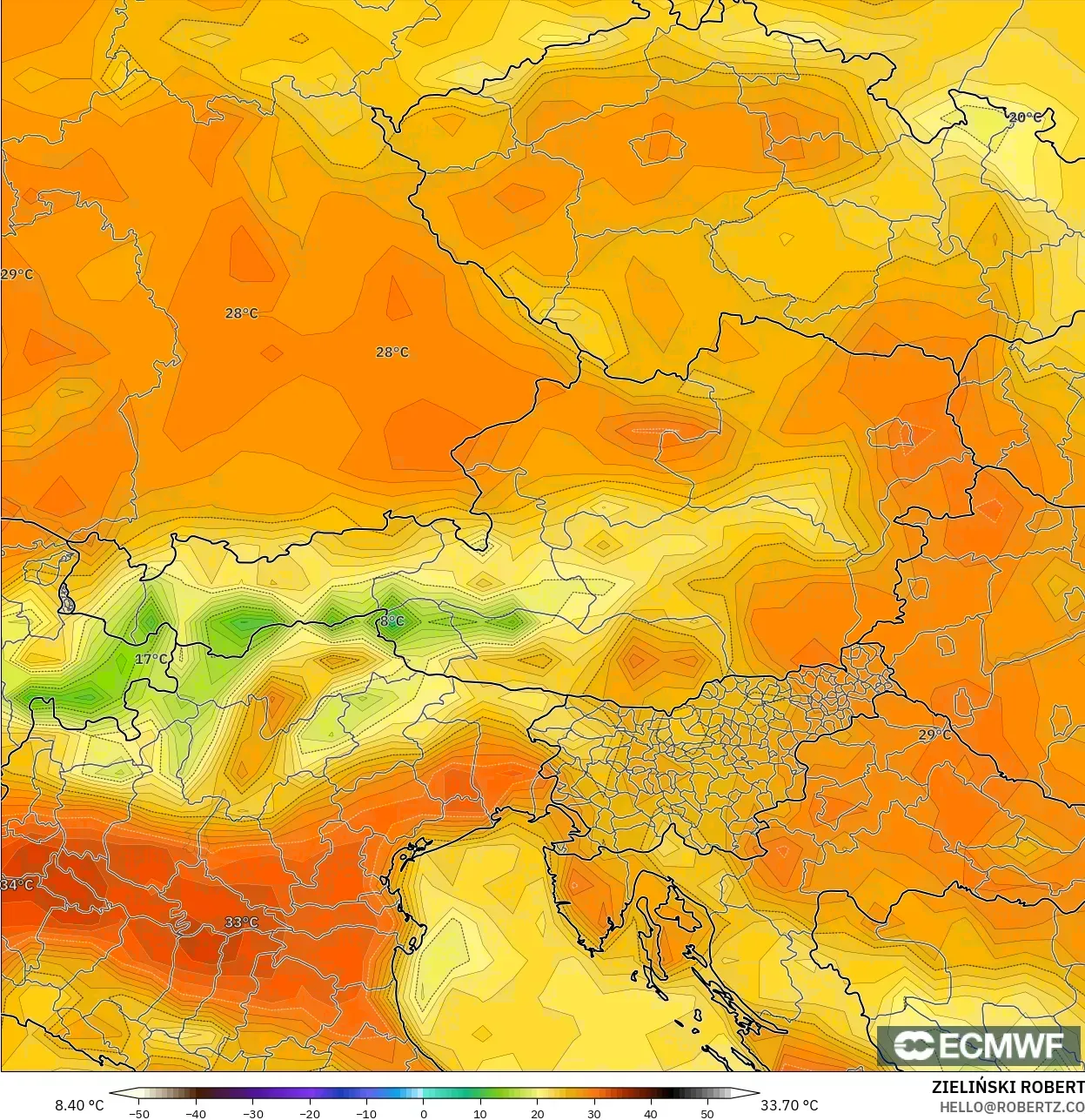 ECMWF IFS 0.25° model - Austria, Temperature at 2m