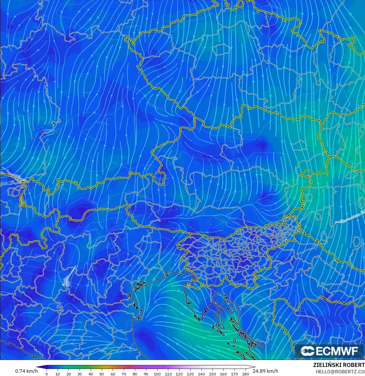 ECMWF IFS 0.25° model - Austria, Wind at 10m