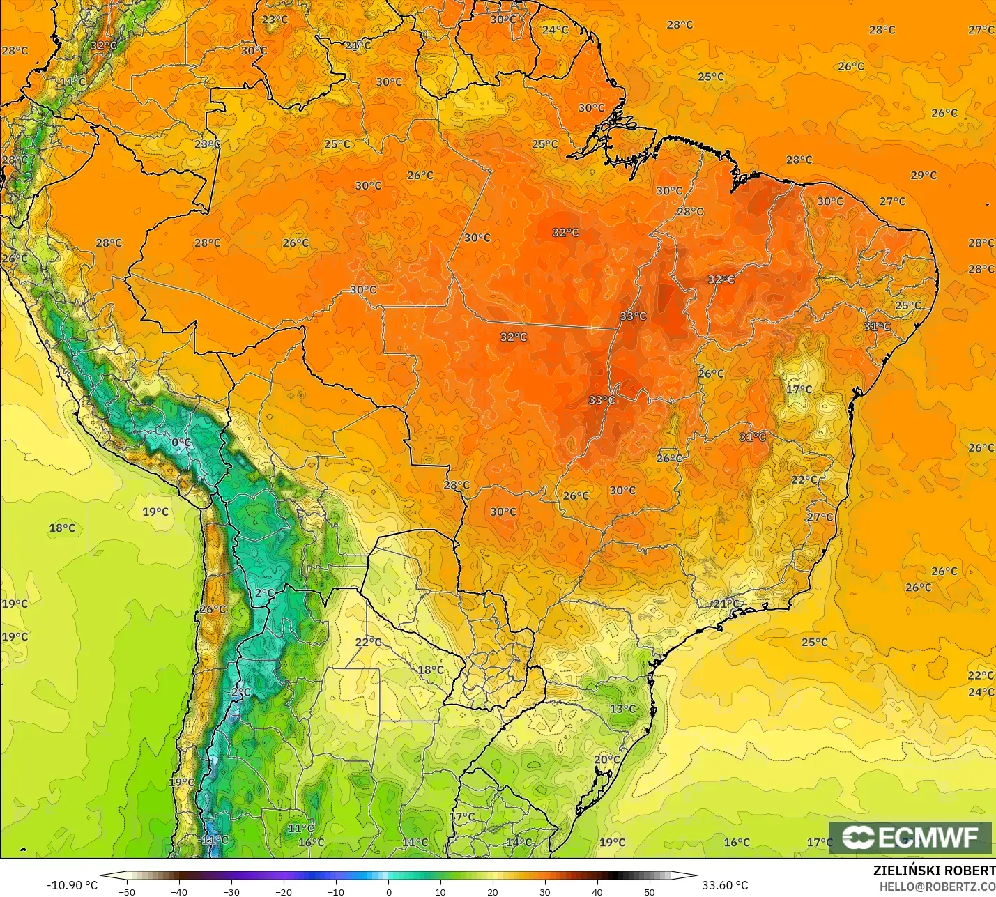 ECMWF IFS 0.25° model - Brazil, Temperature at 2m