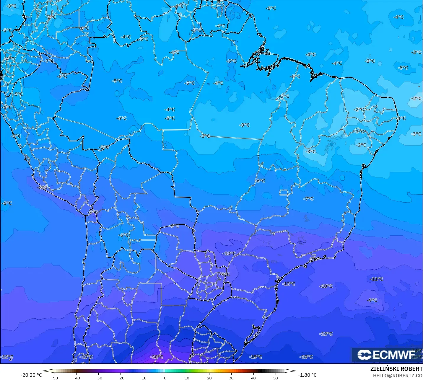 ECMWF IFS 0.25° model - Brazil, Temperature at 500hPa