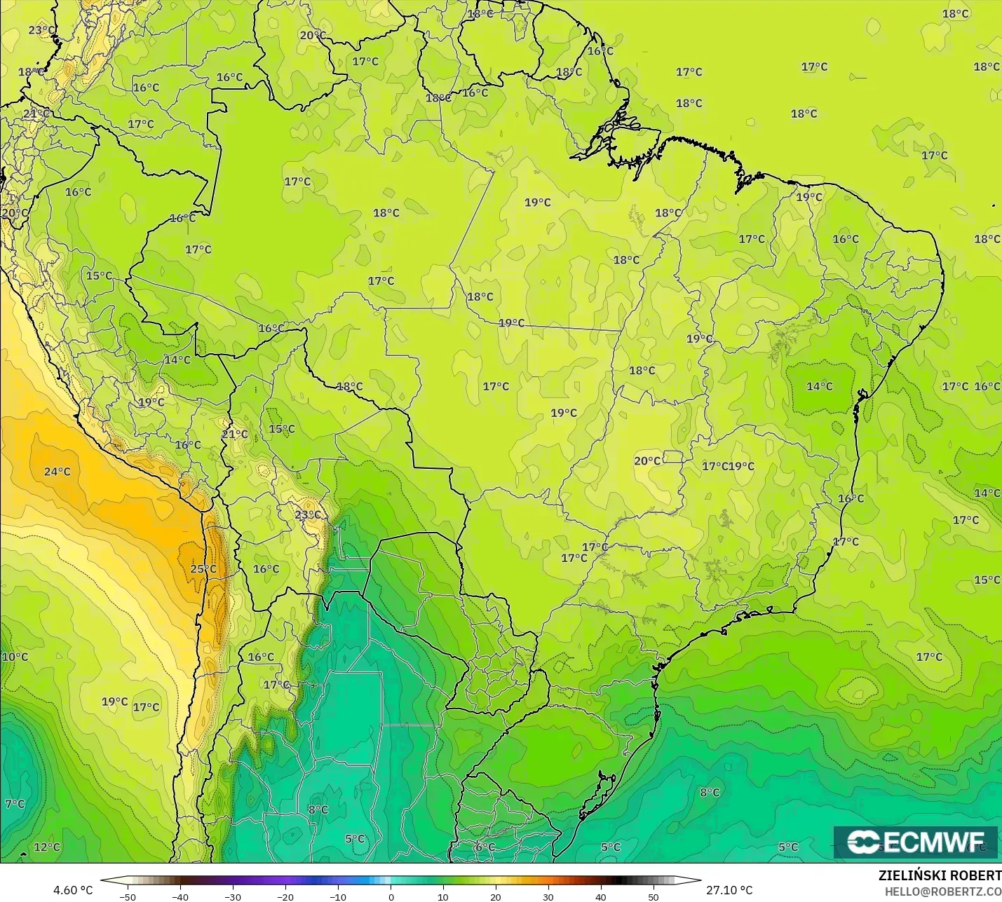 ECMWF IFS 0.25° model - Brazil, Temperature at 850hPa