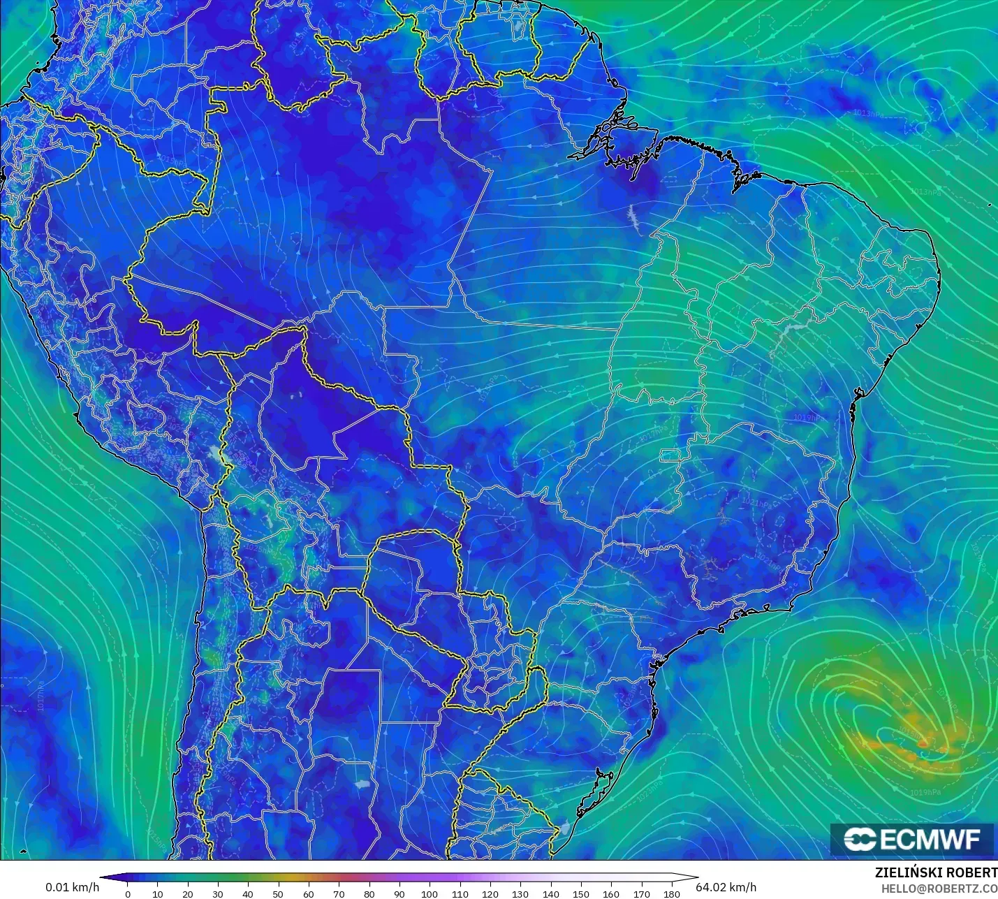 ECMWF IFS 0.25° model - Brazil, Wind at 10m