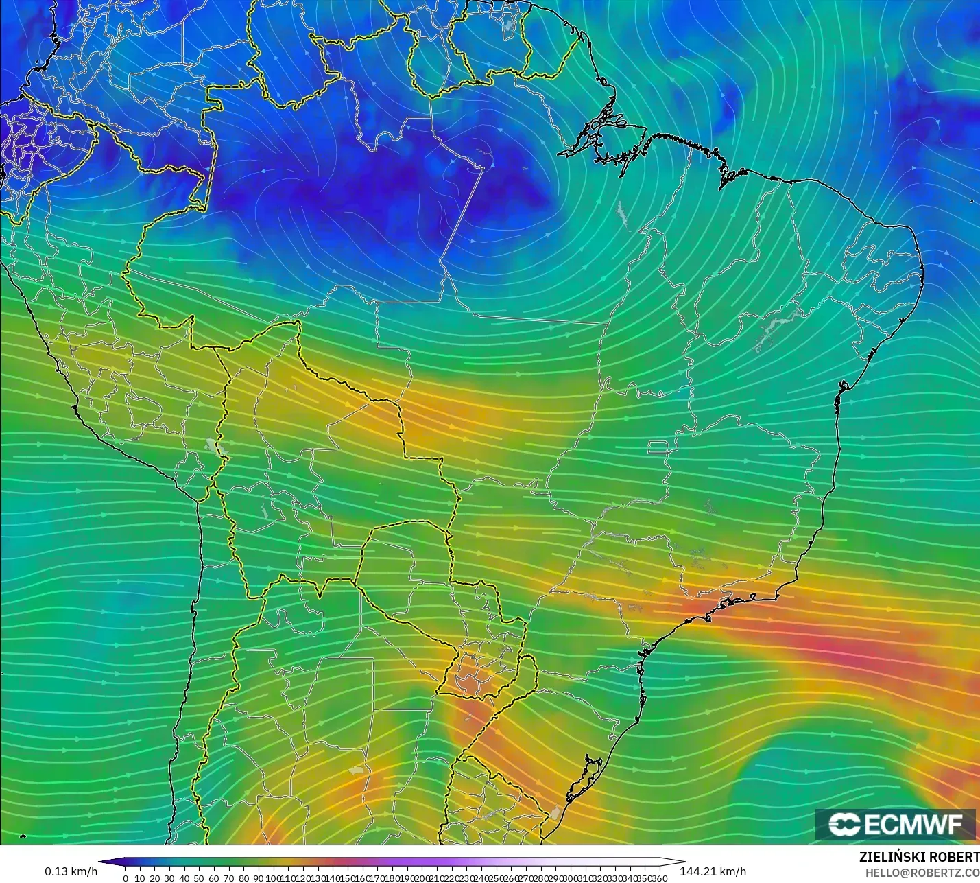 ECMWF IFS 0.25° model - Brazil, Wind at 300hPa (jet stream)