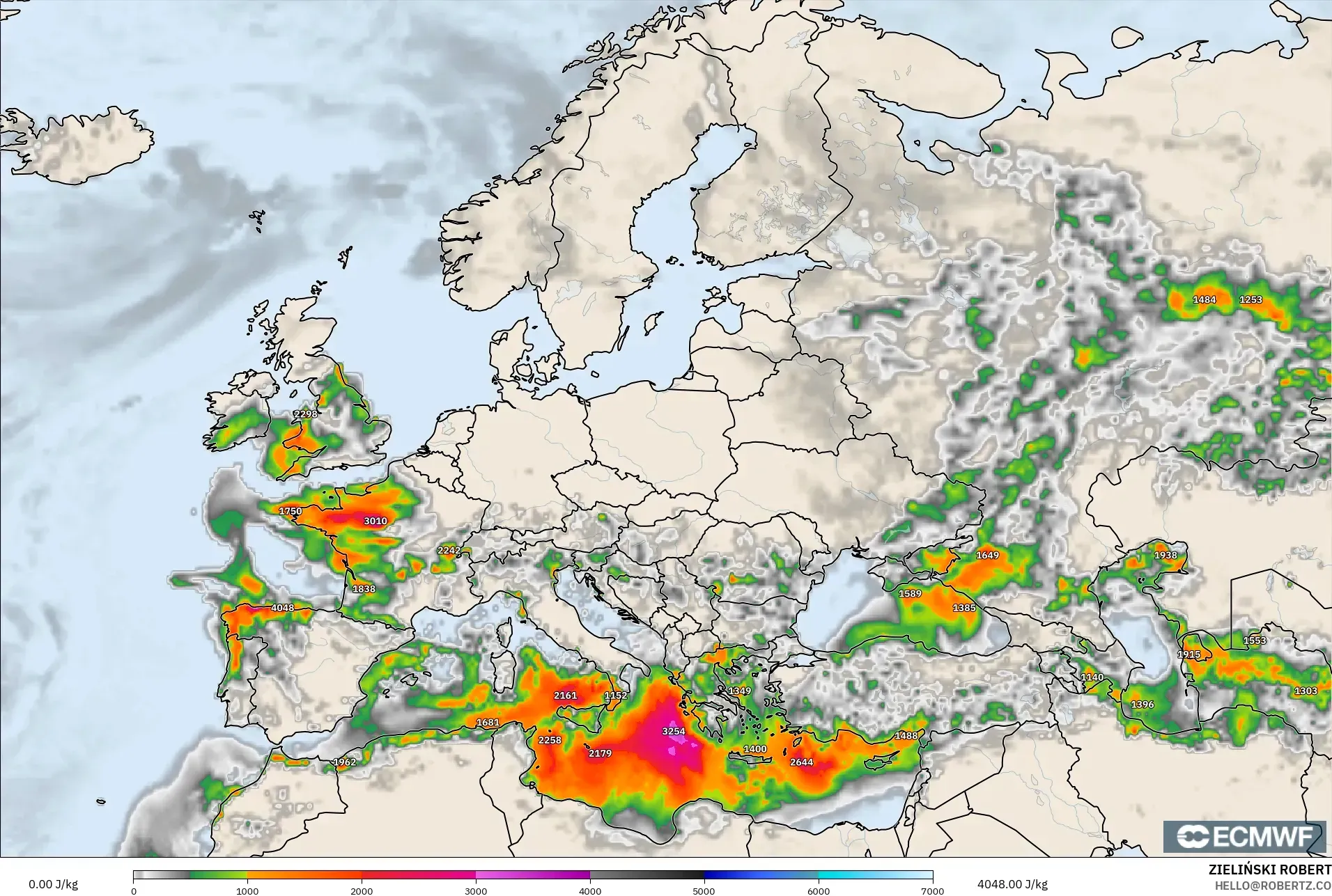 ECMWF IFS 0.25° model - Europe, CAPE