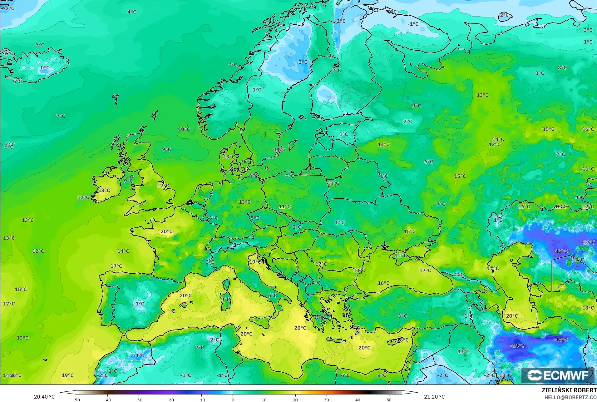 ECMWF IFS 0.25° model - Europe, Dewpoint at 2m