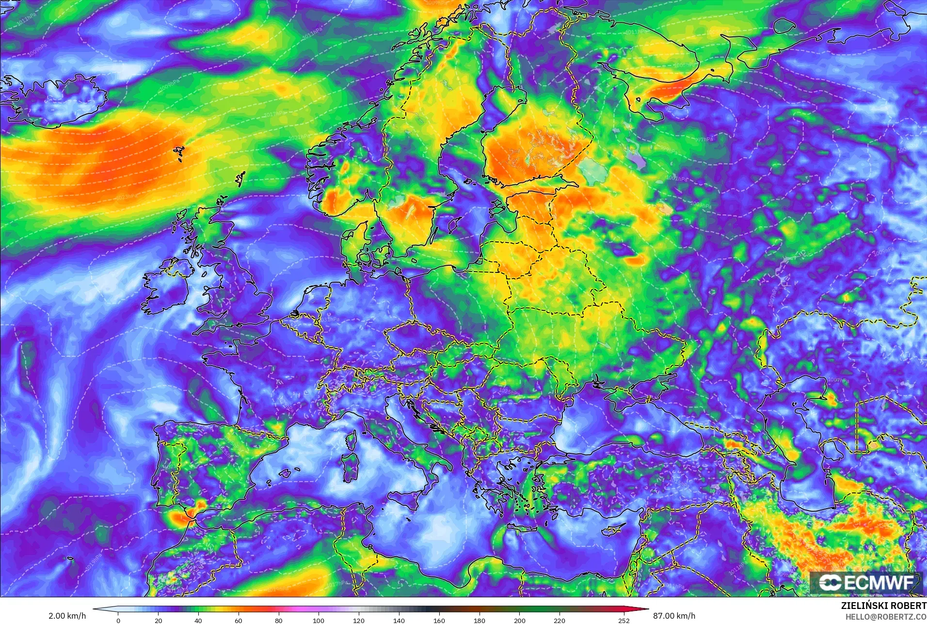 ECMWF IFS 0.25° model - Europe, Wind Gusts