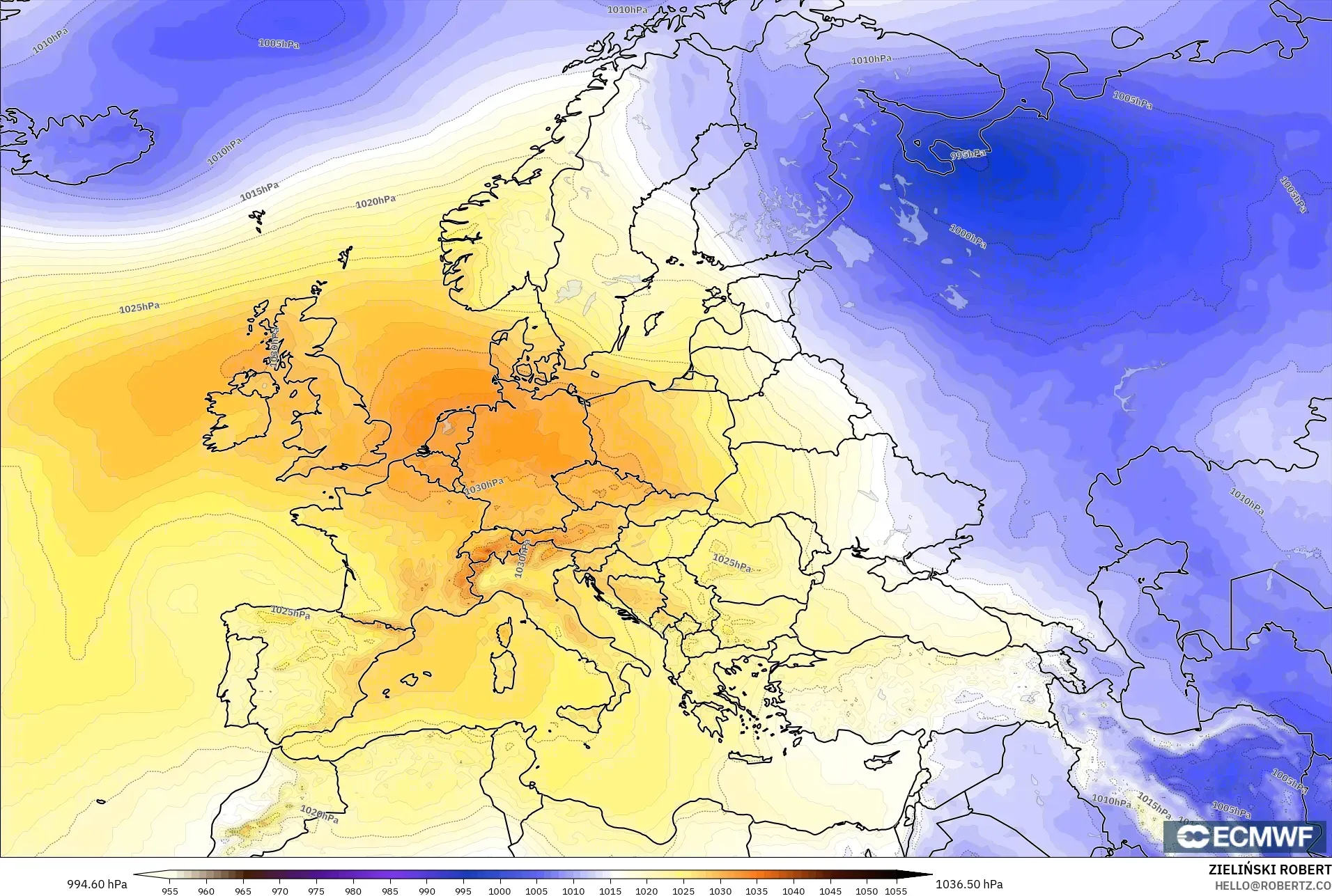 ECMWF IFS 0.25° model - Europe, Pressure