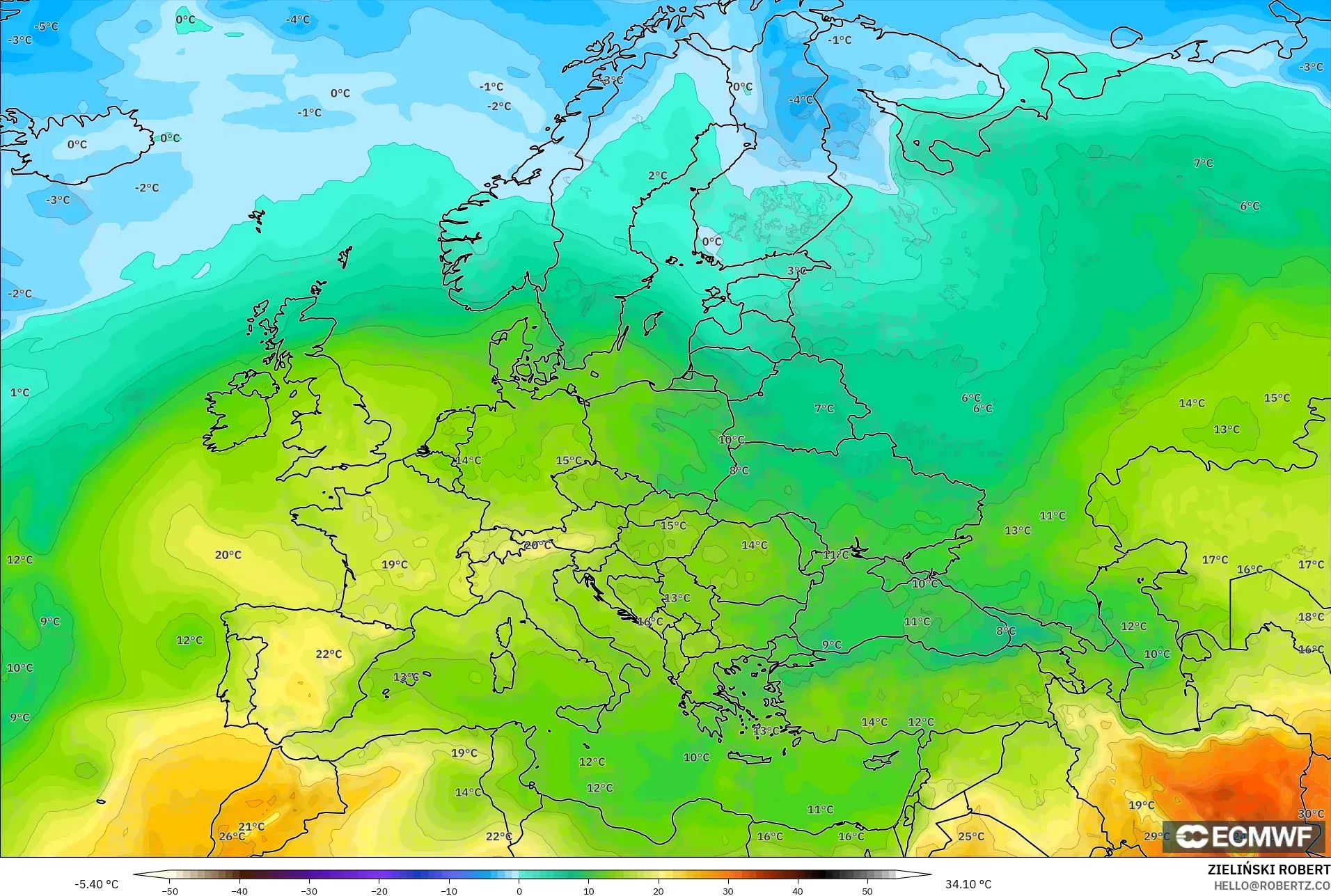 ECMWF IFS 0.25° model - Europe, Temperature at 850hPa