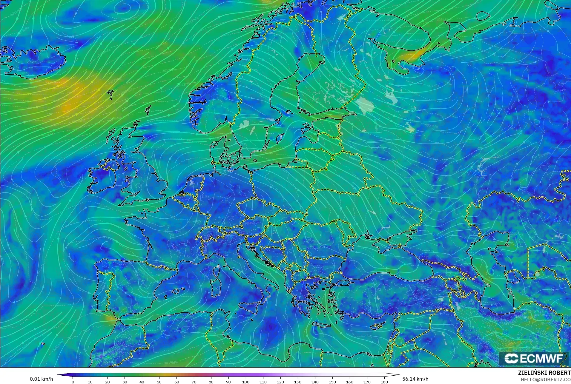 ECMWF IFS 0.25° model - Europe, Wind at 10m