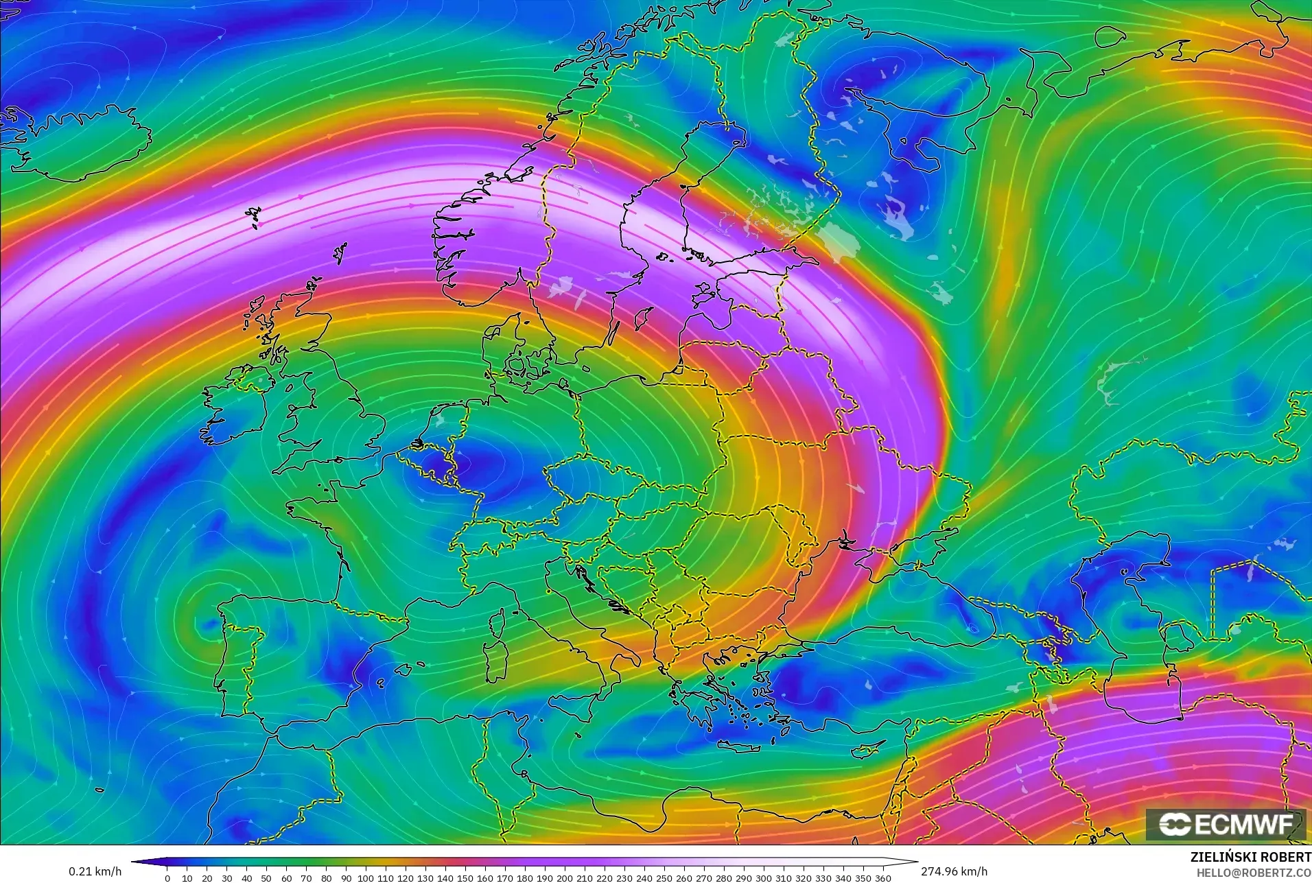 ECMWF IFS 0.25° model - Europe, Wind at 300hPa (jet stream)