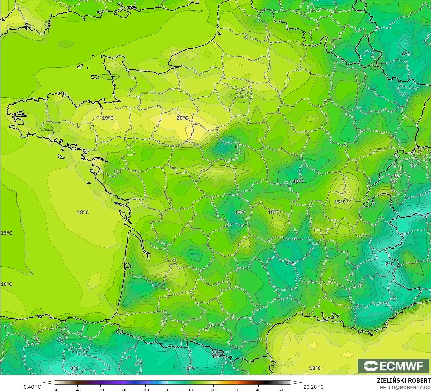 ECMWF IFS 0.25° model - France, Dewpoint at 2m