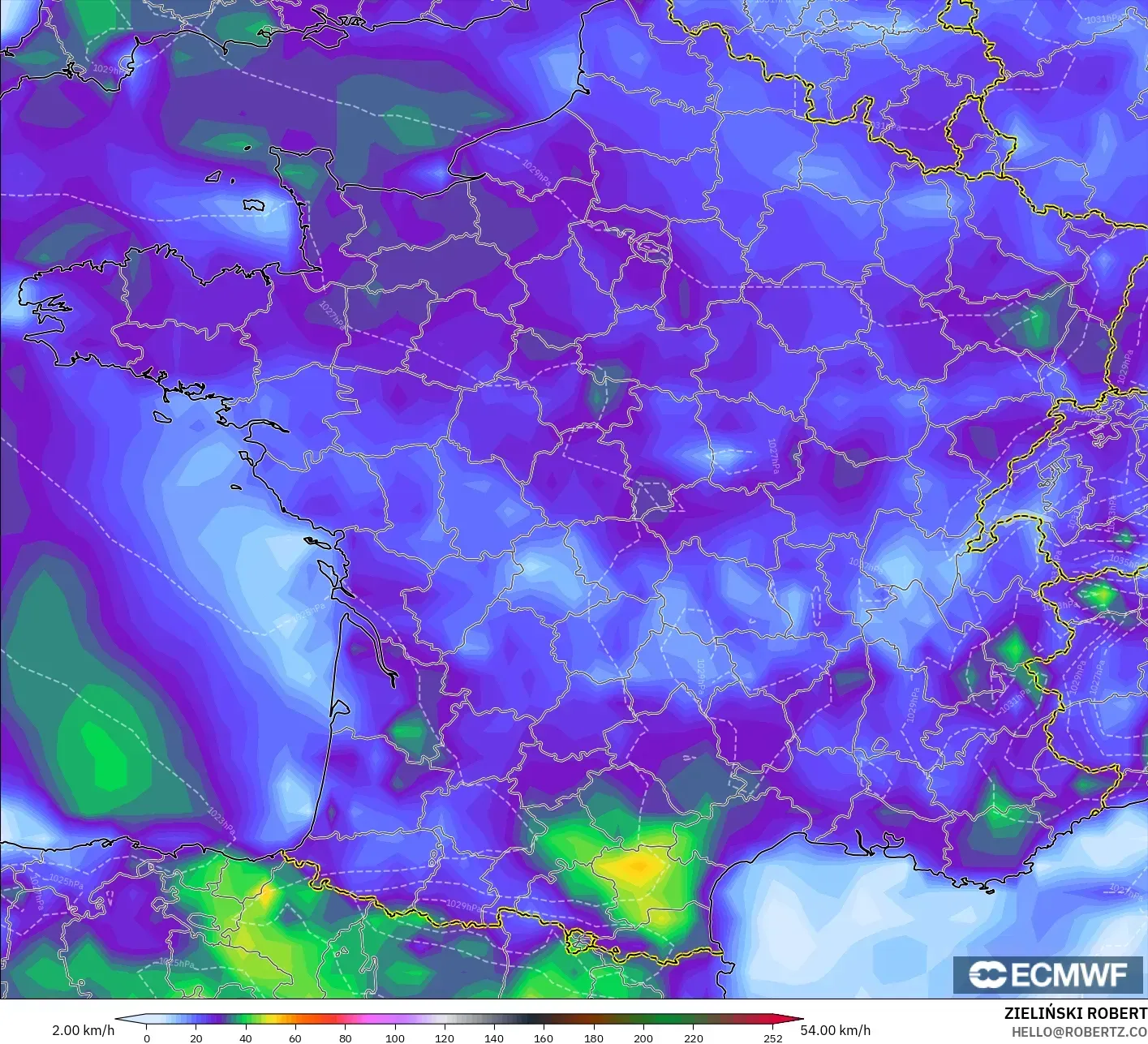 ECMWF IFS 0.25° model - France, Wind Gusts