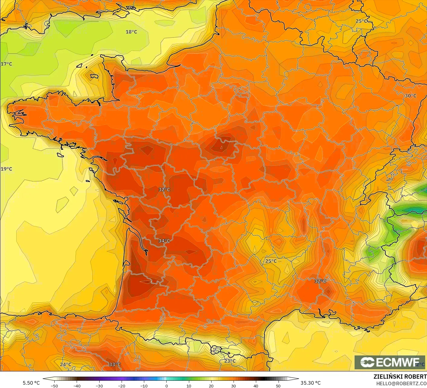 ECMWF IFS 0.25° model - France, Temperature at 2m
