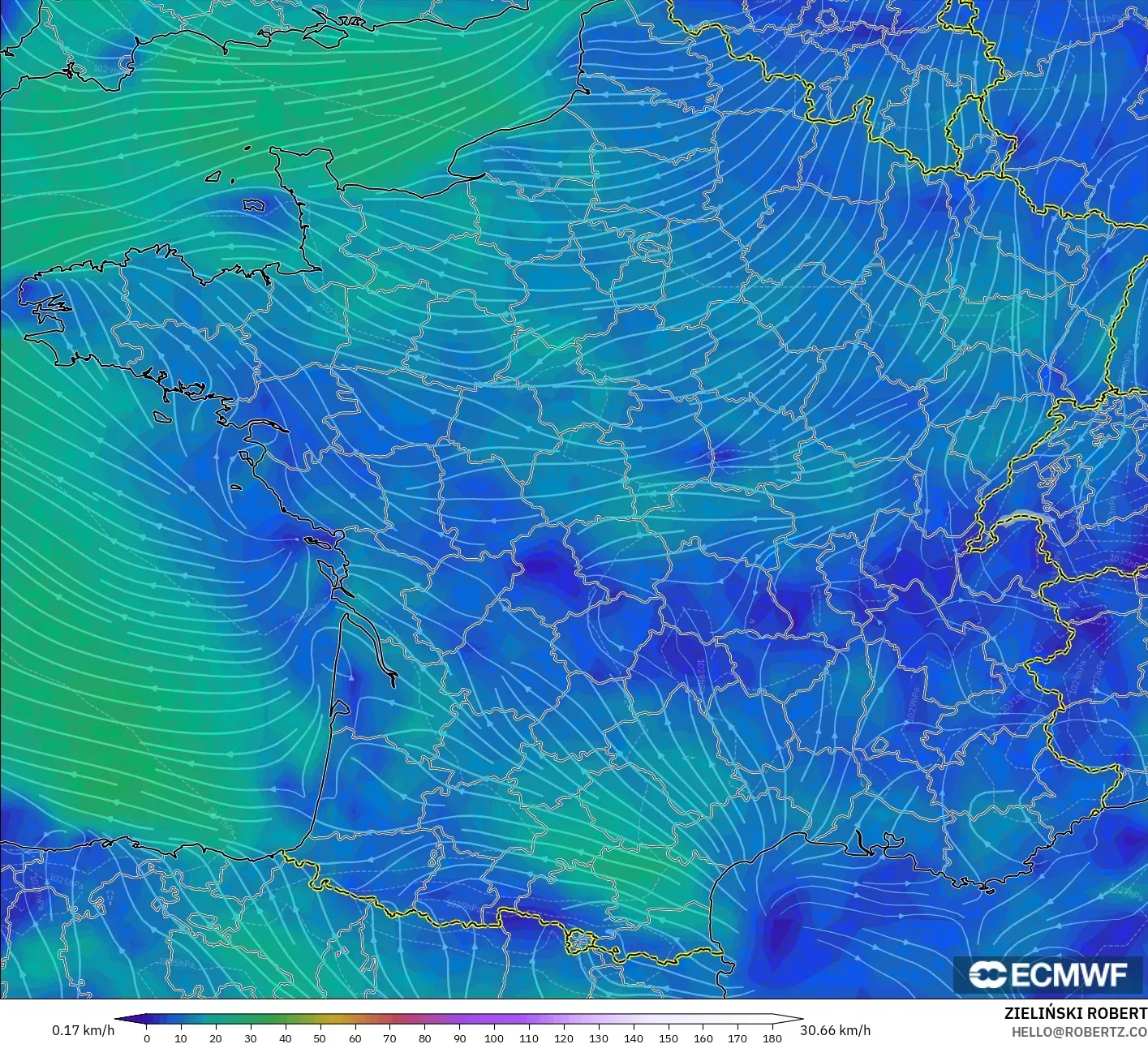 ECMWF IFS 0.25° model - France, Wind at 10m