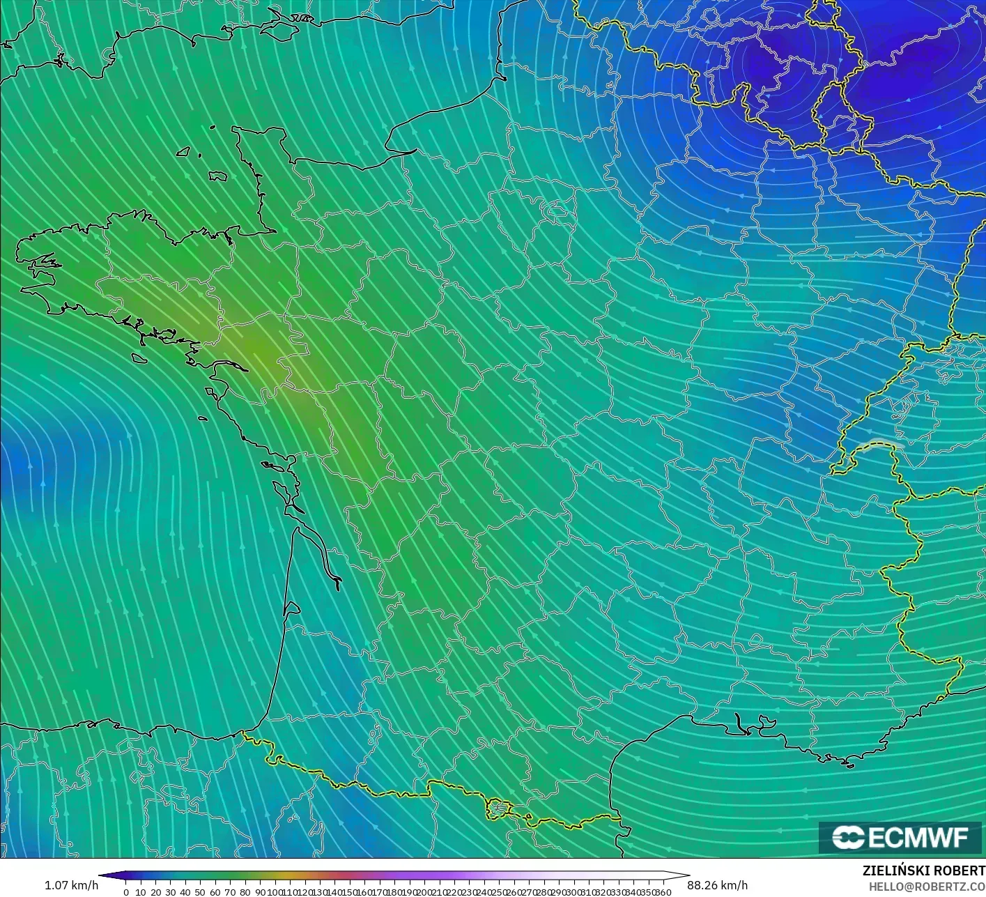 ECMWF IFS 0.25° model - France, Wind at 300hPa (jet stream)